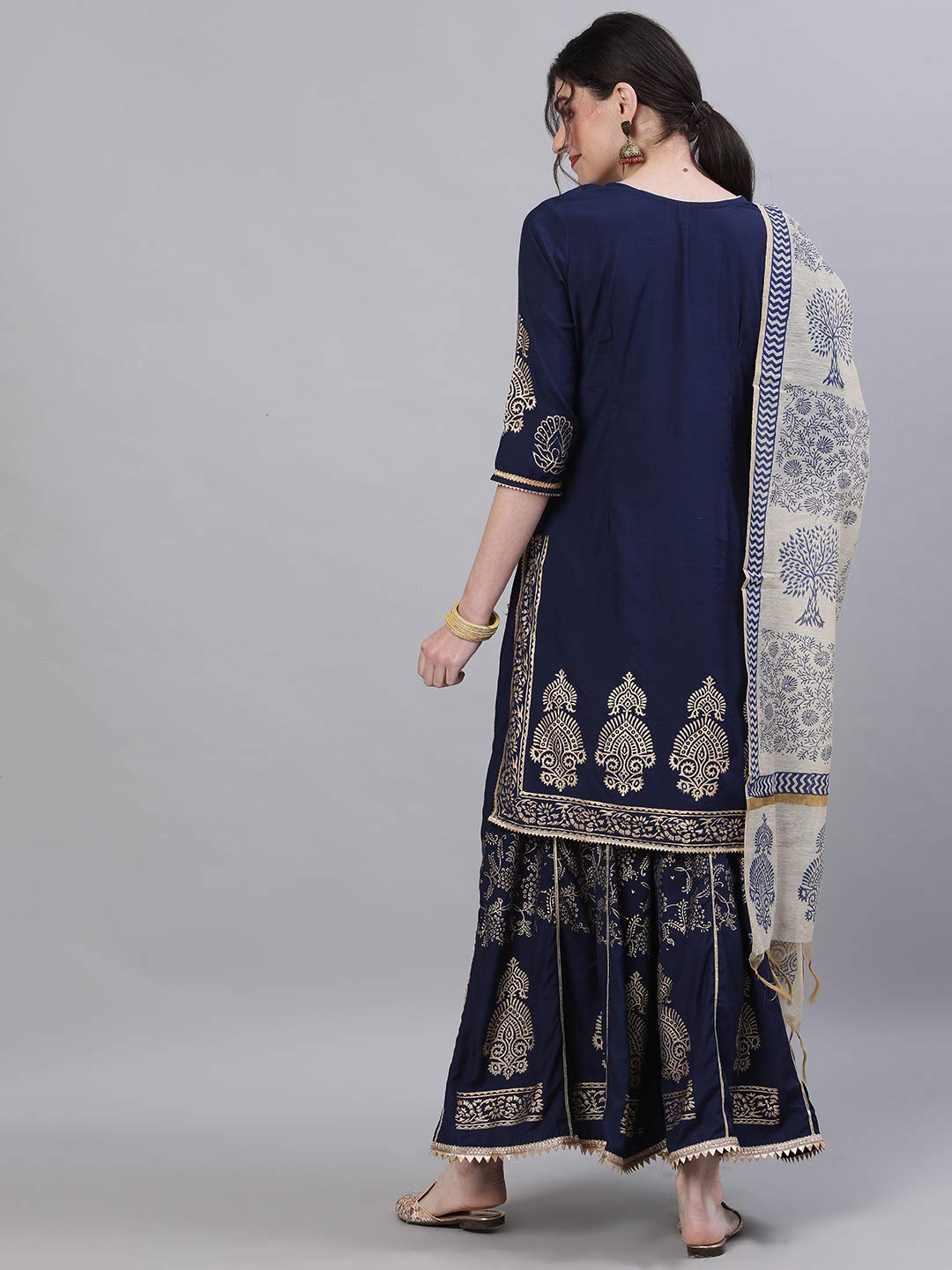 ishin Women's Pure Silk Yoke Design Gotta Patti Navy Blue Ethnic Motifs Print Straight Kurta suit set With Dupatta & Sharara