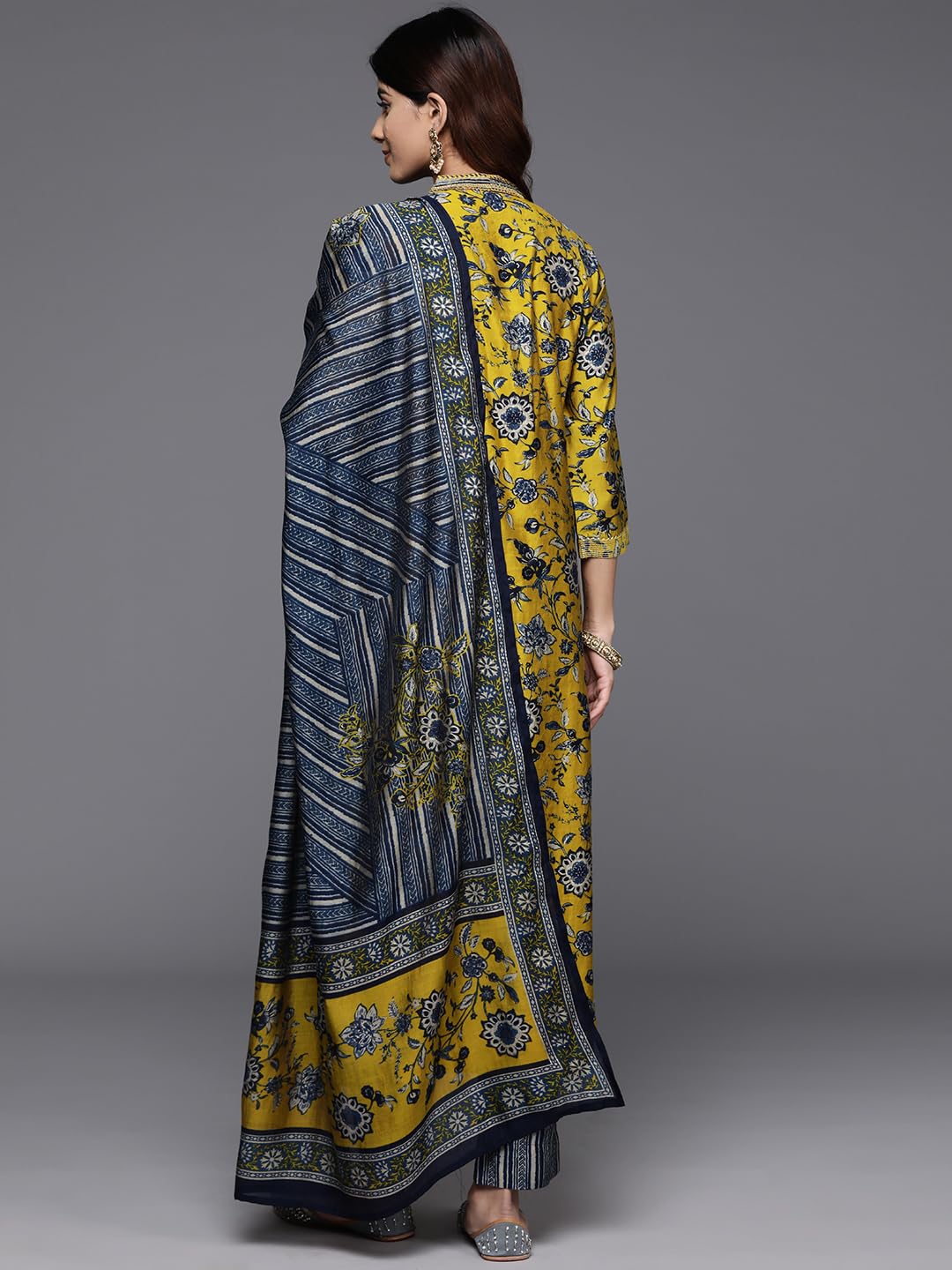 Varanga Women Mustard Floral Printed Embellished Kurta With Bottom And Dupatta Elegant & Comfortable Ethnic Set For Women
