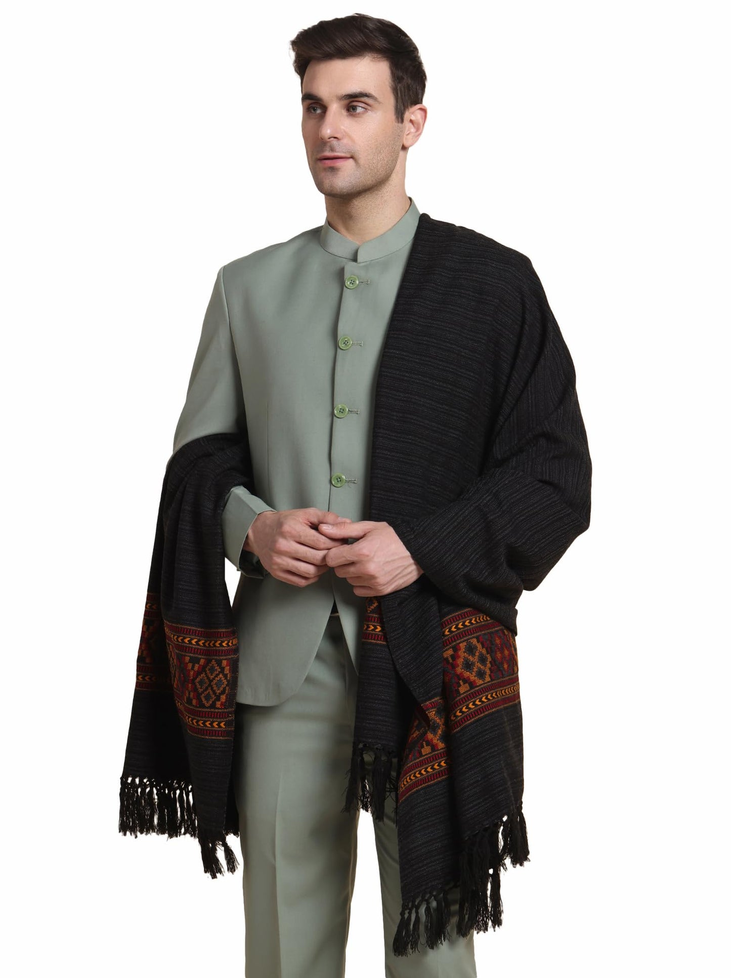 Weavers Villa Mens Acro Wool Blended Shawl - Handloom Woven Kullu Pattern - Stoles for Men - Gents Shawls - Soft & Warm Wrap -