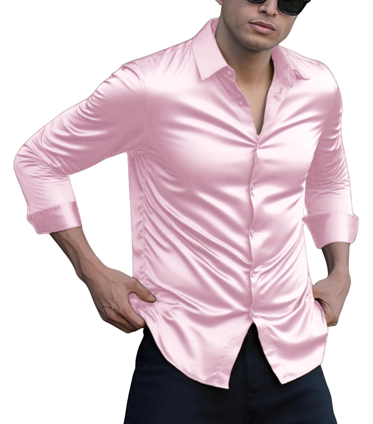 Indoprimo MenS Casual Button Down Long Sleeve Satin Plain Shirt Babypink