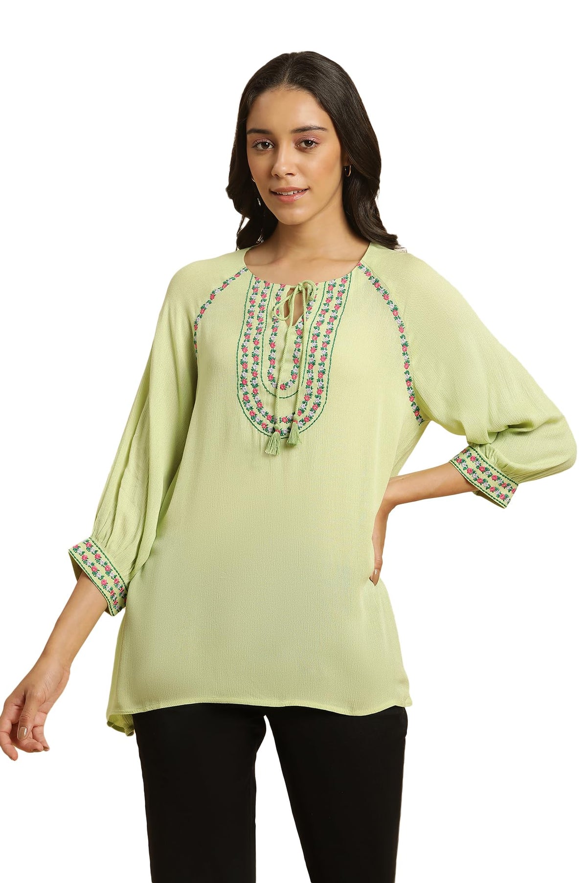 W For Woman Green Embroidered Tunic Top With Thread W For Womanork