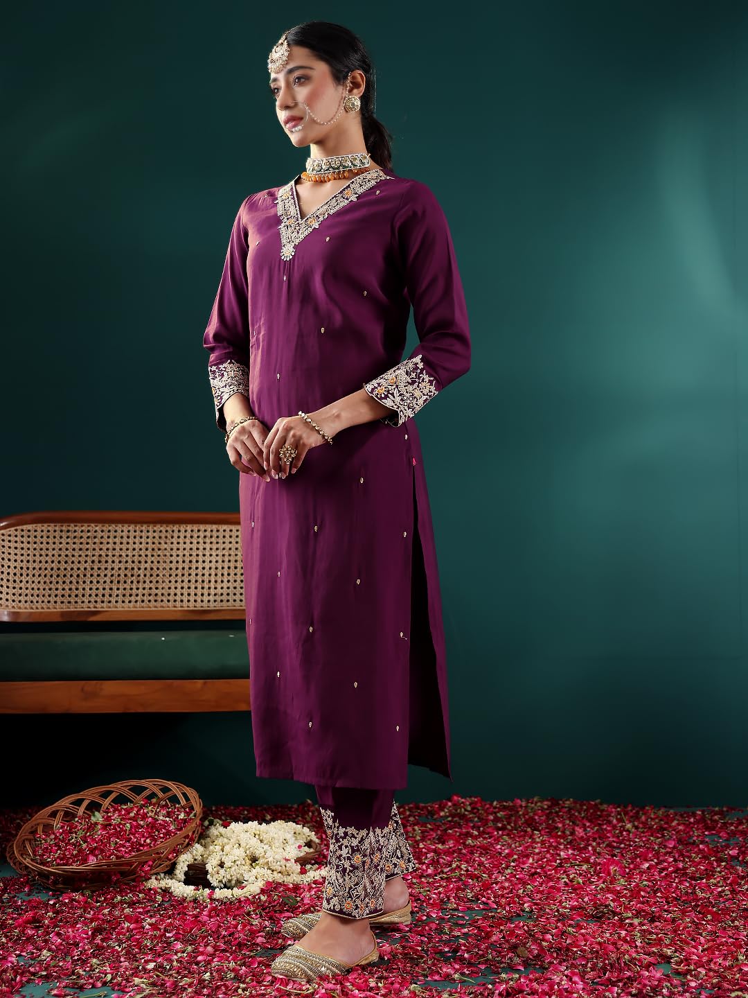 Varanga Women Purple Zari Embroidered Sequin Embellished Kurta Paired with Bottom and Dupatta
