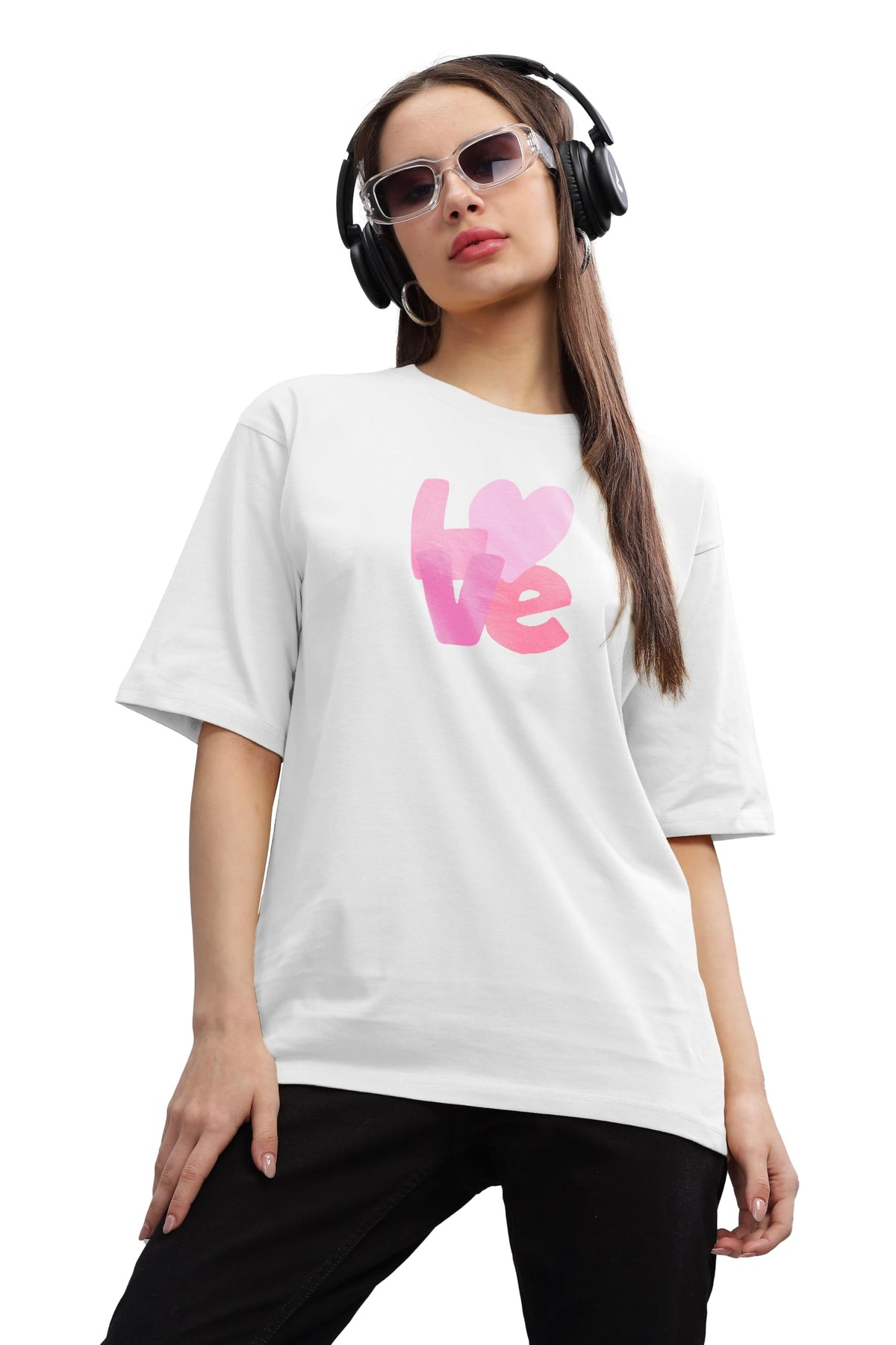 SHODOX 100% Cotton Oversized Half Sleeve Tshirt for Women-Drop Shoulder Front Printed Round Neck Relaxed Fit Valentine Day T-Shi