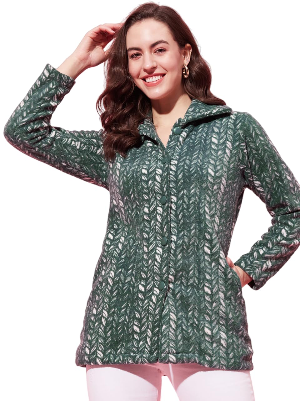 Modeve Women Printed Full Sleeve Olive Jacket For Winter