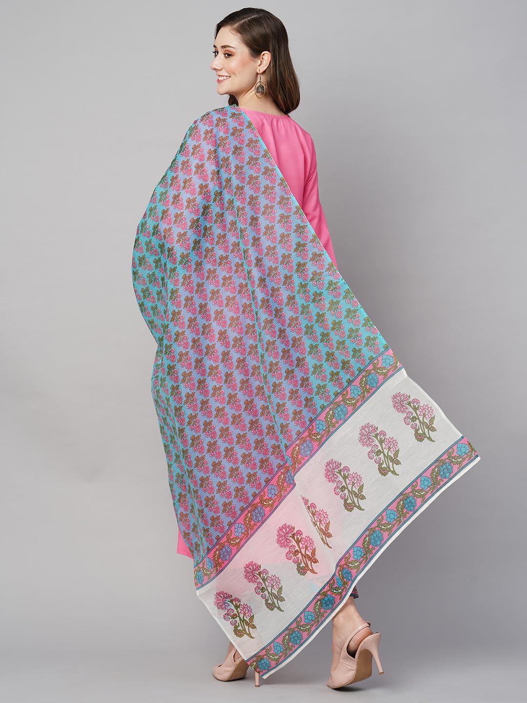 GoSriKi Women's Cotton Blend Straight Printed Kurta with Pant & Dupatta (Nidhivan Pink-NW-GS)
