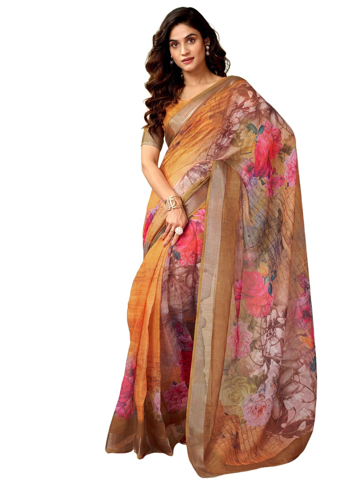 Satrani WomenS Linen Zari Border Printed Ready To Wear One Minute Pre Pleated Readymade Saree With Unstitched Blouse Piece (33R