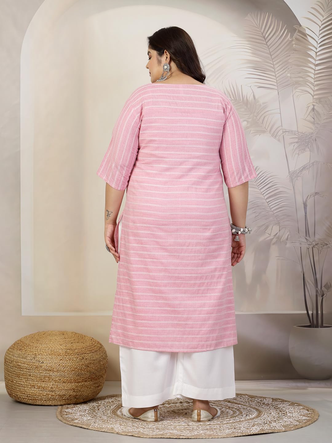 Stylum Plus Size Women Self Woven Striped Cotton Blend Straight Kurta (YASHIPINKPLUS_Pink)