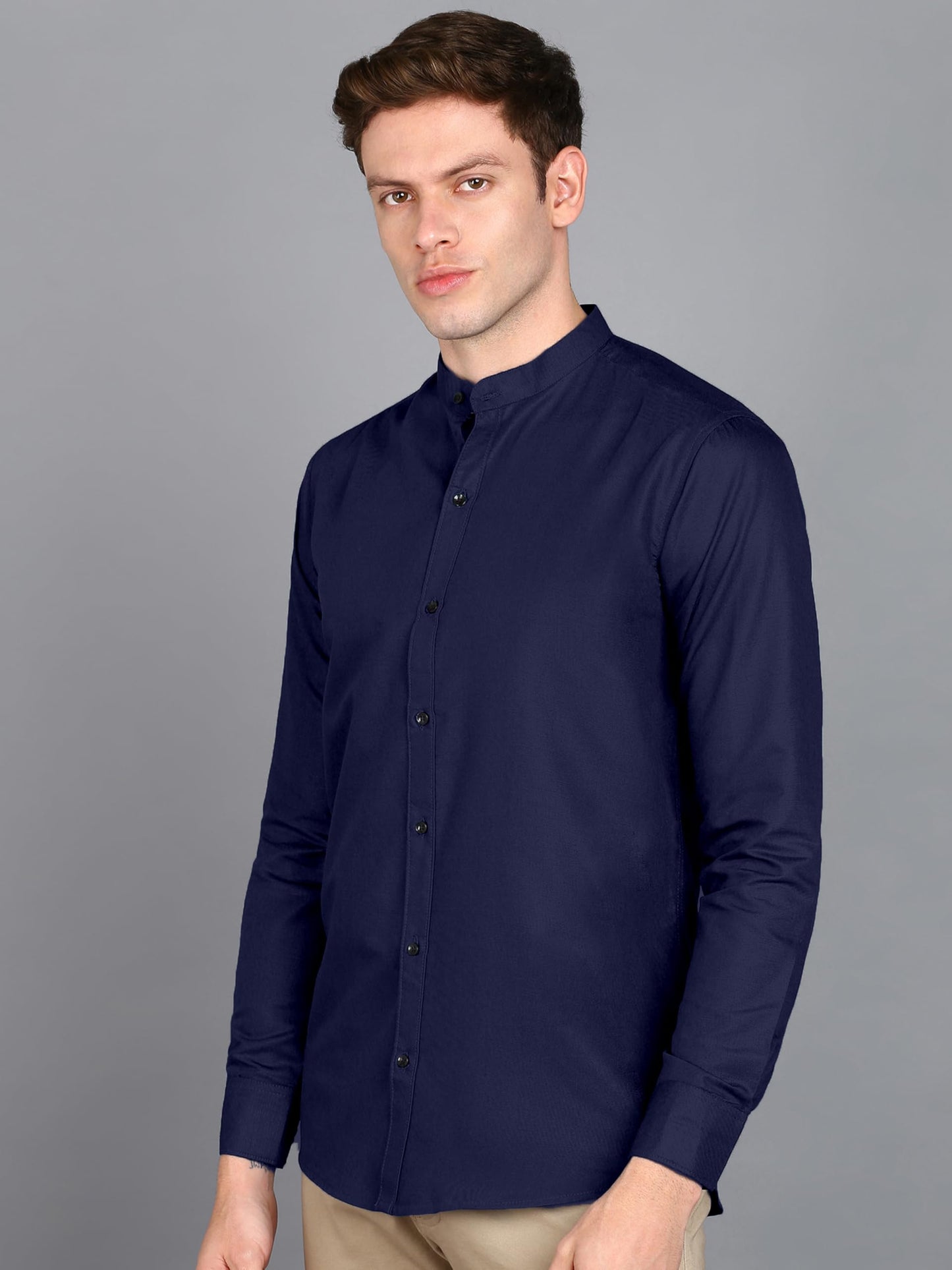Mildin MenS Regular Cotton Blend Navy Blue Slim Fit Solid Button Down Mandarin Chinese Collar Full Sleeve Curved Hemline Casual