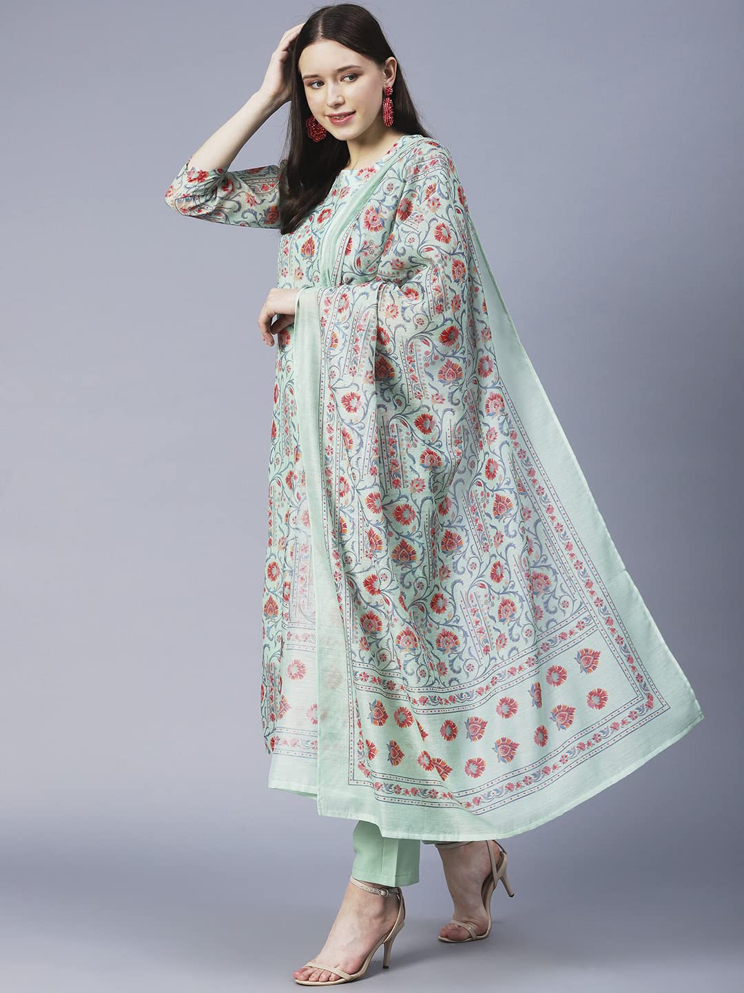 GoSriKi Women's Cotton Blend Printed Straight Kurta with Pant & Dupatta (Totara-GS)