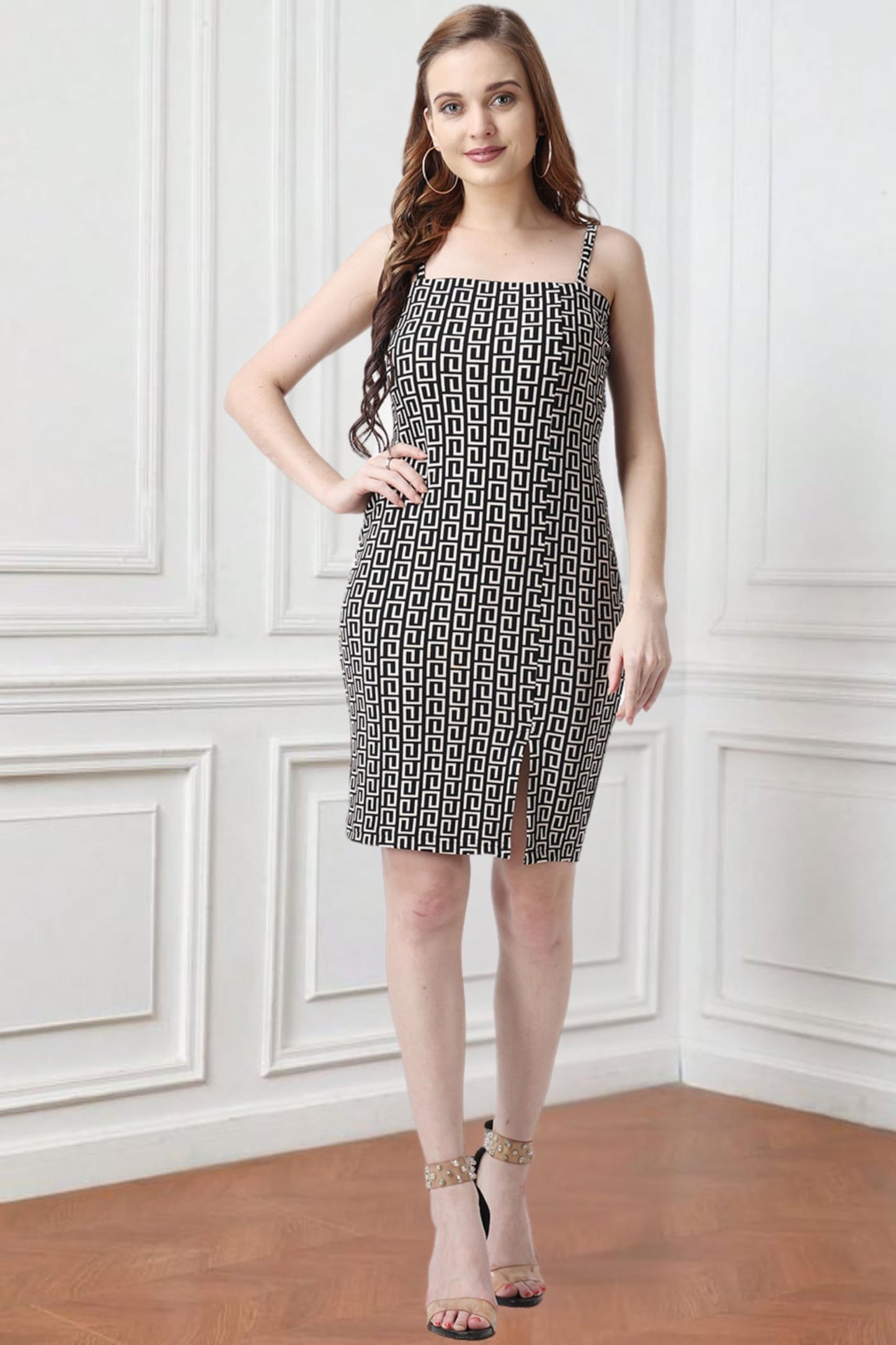 Popwings Women Casual Black & White Color Block Printed Bodycon Slit Noodle Strap Dress