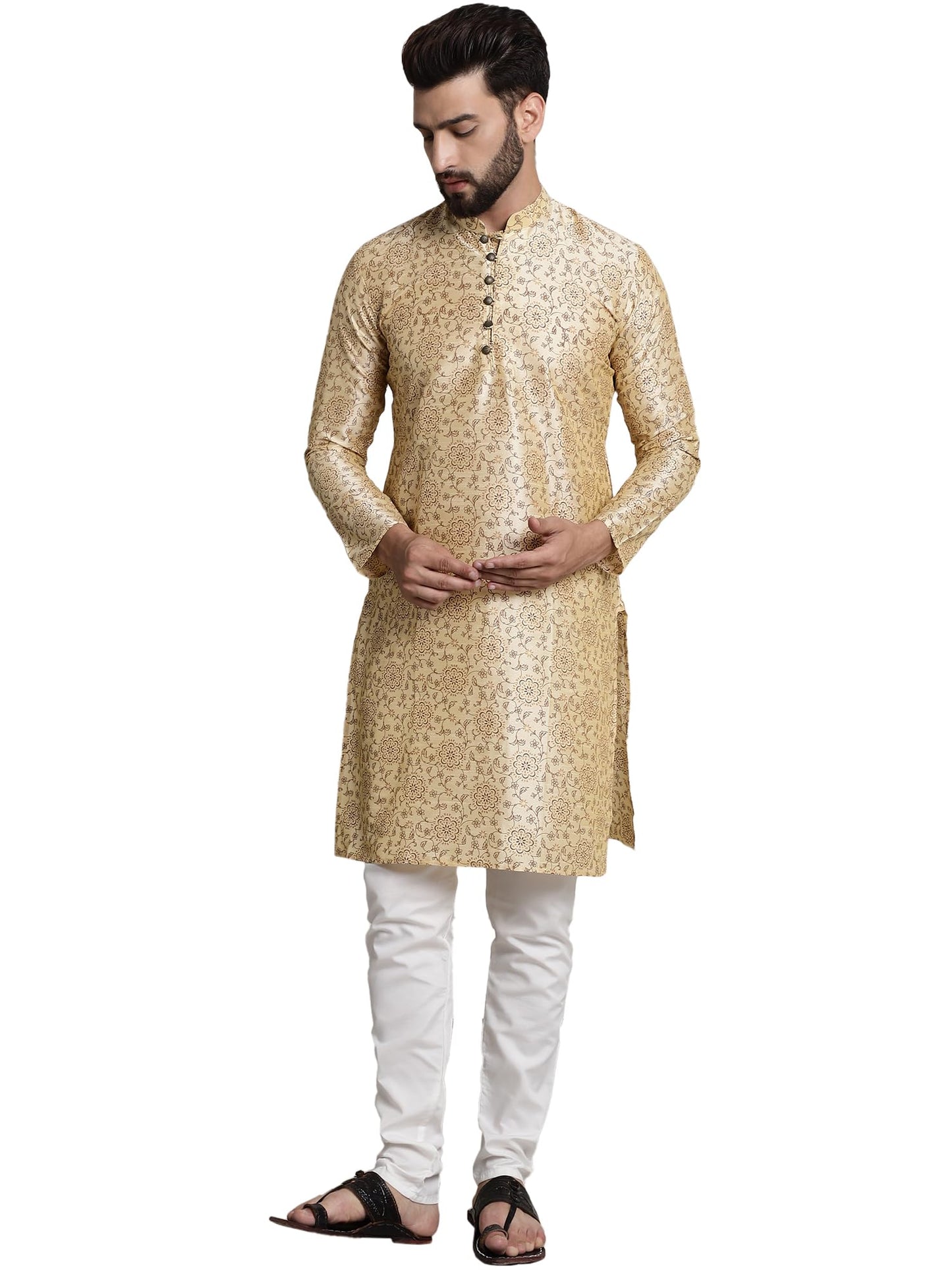 SOJANYA (Since 1958 Men's Silk Blend Beige printed Kurta and White Churidar Pyjama Set