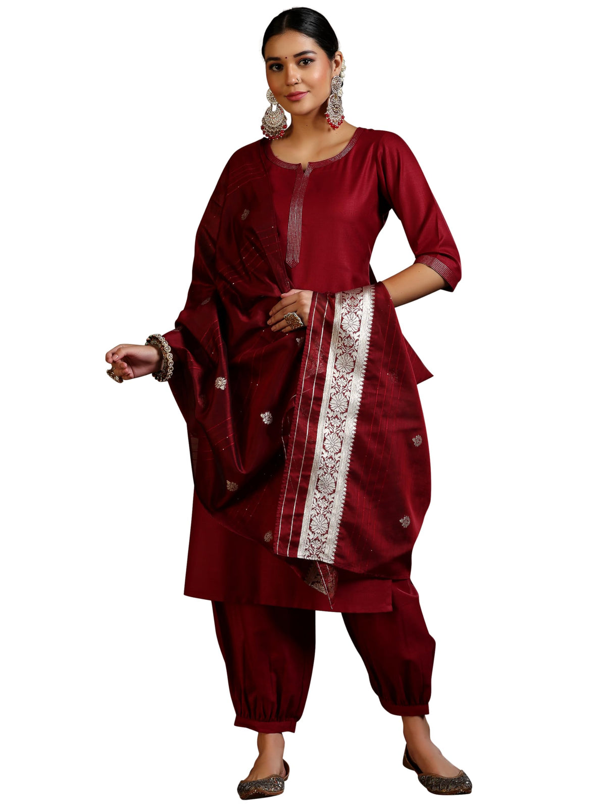 Libas Womens Silk Blend Solid Kurta Set (39053_Maroon