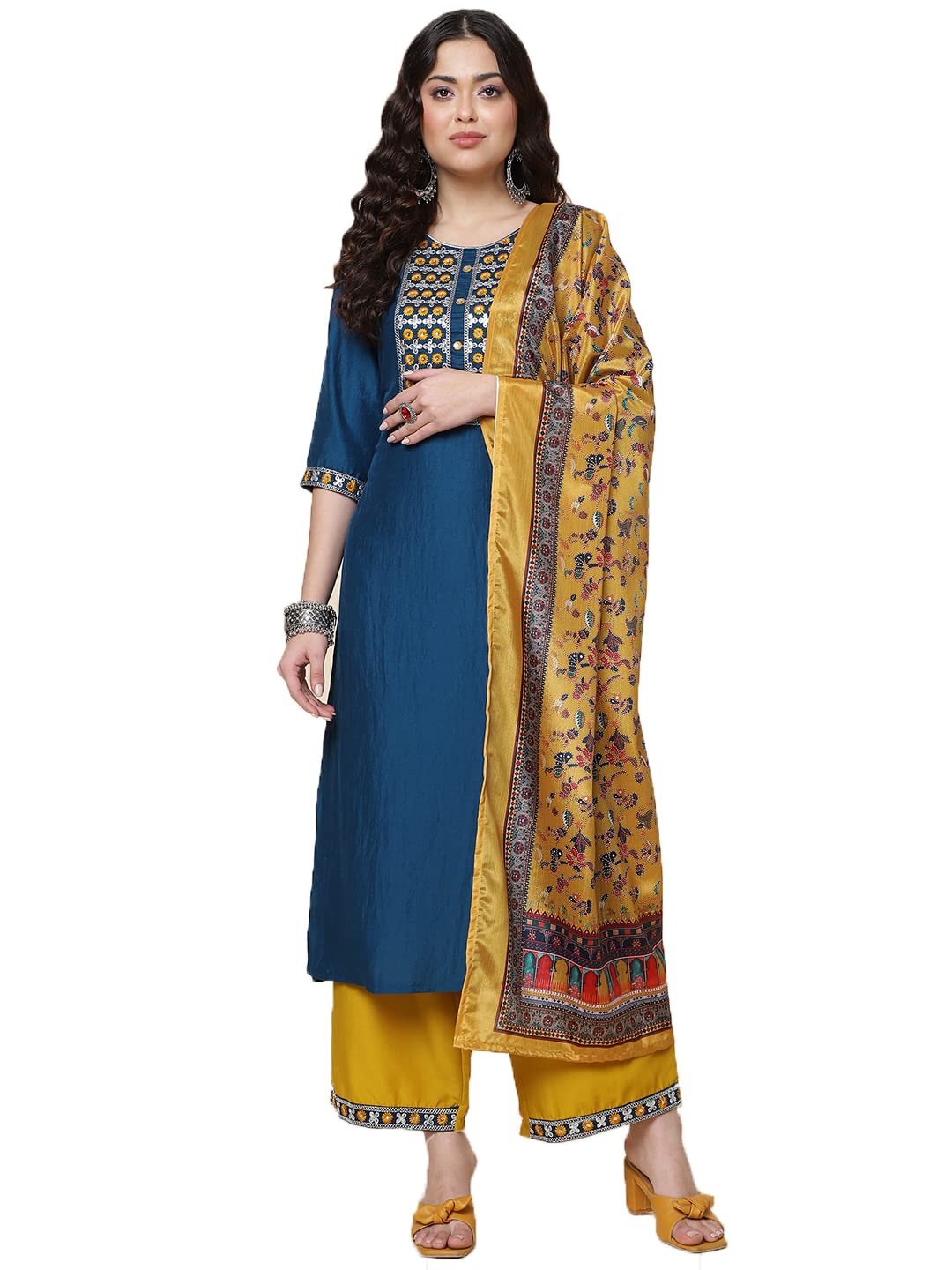 Shiv Textiles Silk Embroidered Kurta Set For Women (224-Blue-S)