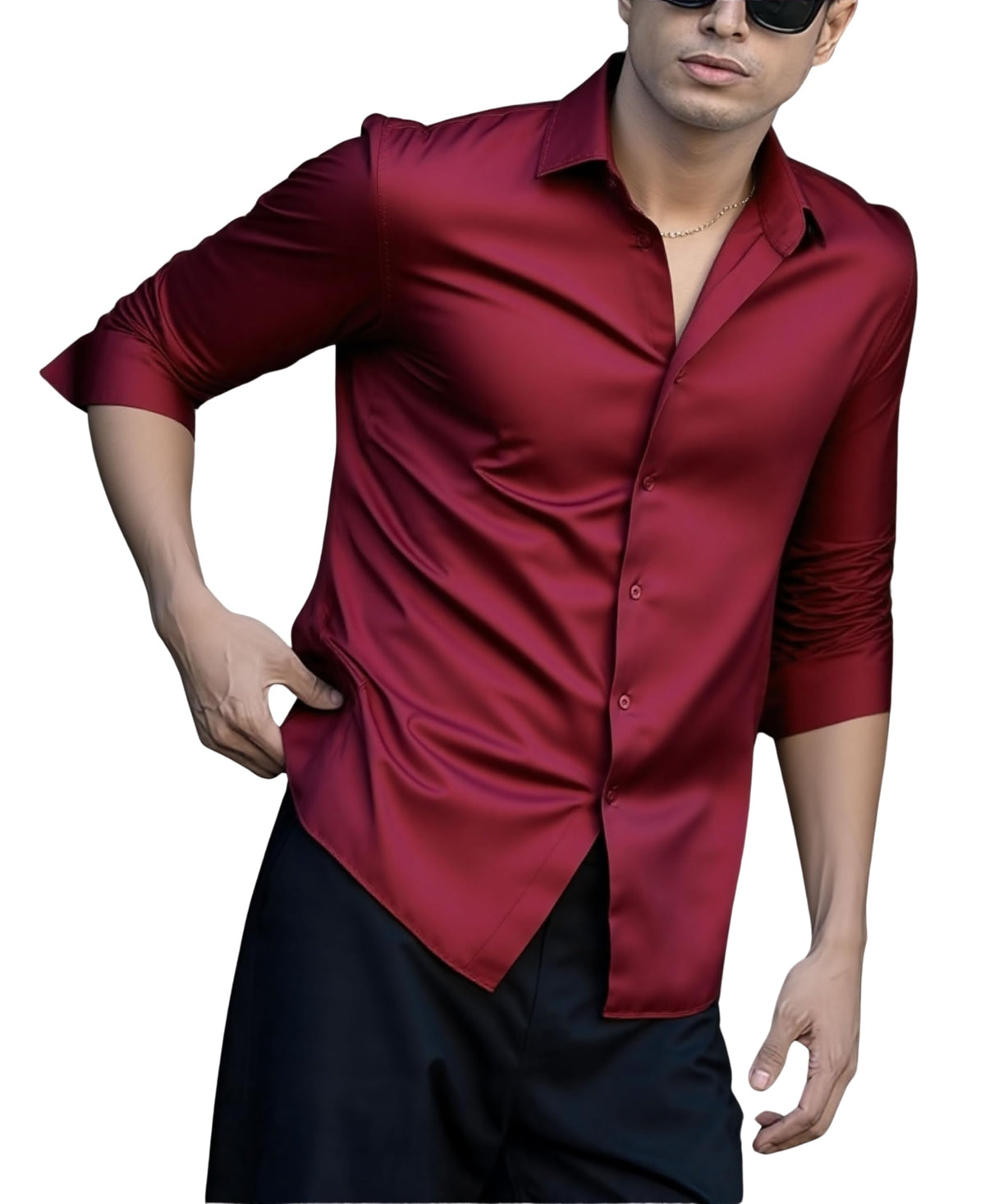Indoprimo MenS Casual Button Down Long Sleeve Satin Plain Shirt Red