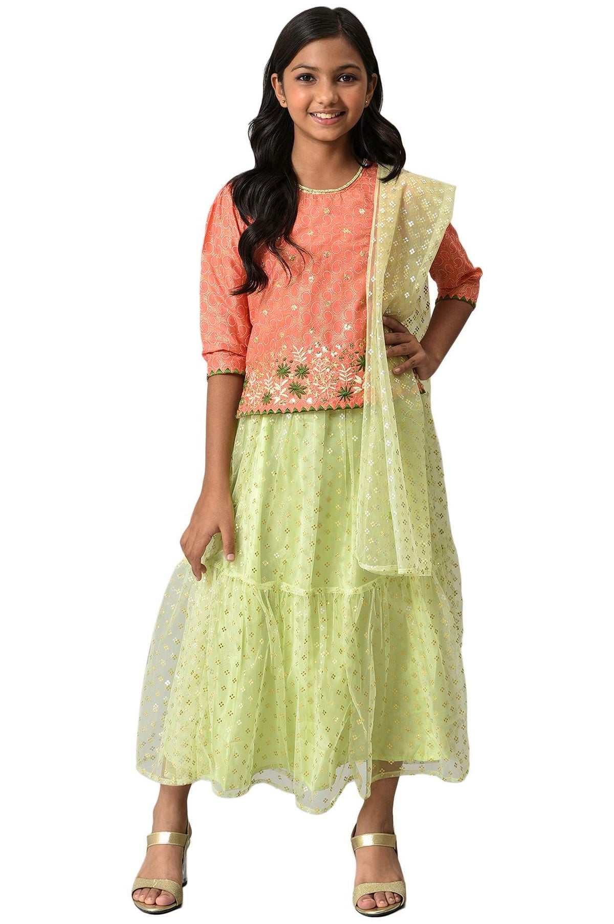 Aurelia Girls Polyester Top & Skirt & Dupatta (22FEG10231C-505286_Orange