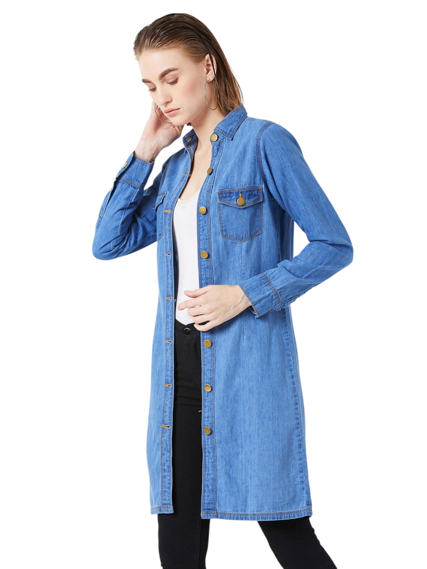 Miss Chase WomenS Polo Neck Full Sleeves Light Weight Denim Knee-Long Shrug (Mcss25Den68-61-229-06, Royal Blue, Xl)