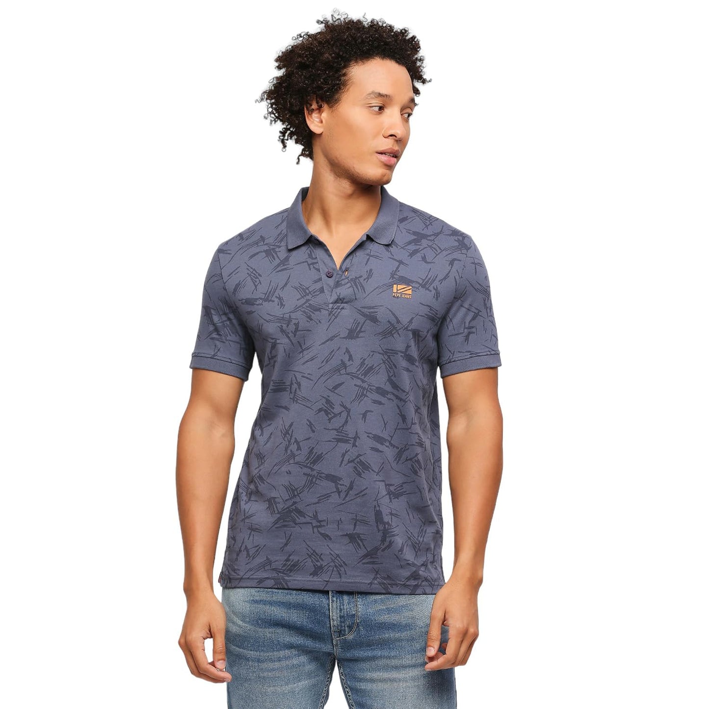 Pepe Jeans Men Cotton Regular Fit Printed Polo T-Shirts Union Blue, Medium