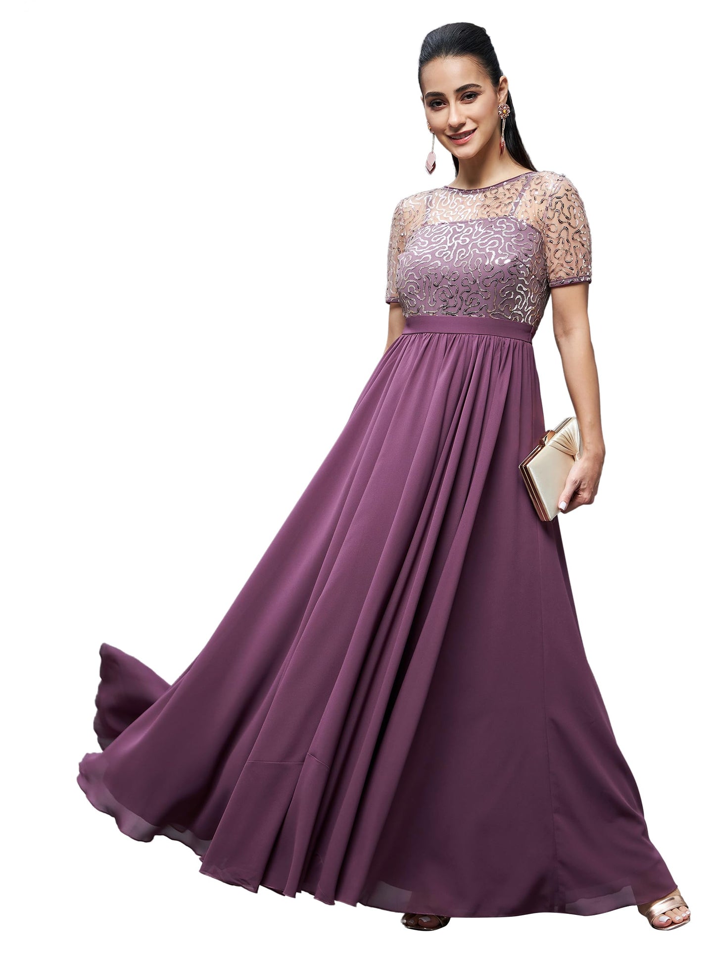 Miss Chase WomenS Relaxed Fit Georgette & Sequins Maxi Dress (Mcss22D13-71-271-06, Mauve, Xl)