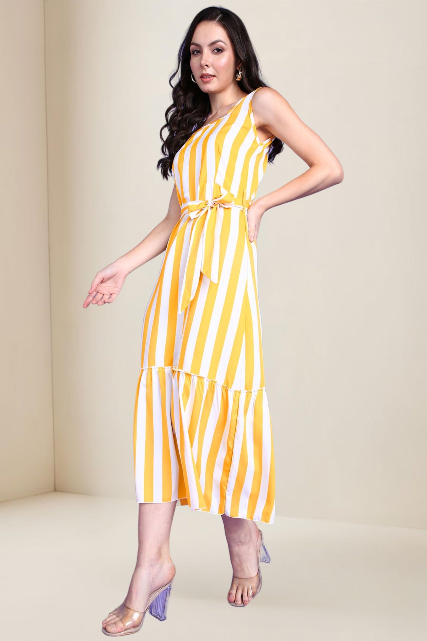 Popwings Women Casual Yellow & White Stripe Long Belt Dress | Women Dress | Women Latest Stylish Trendy Dress