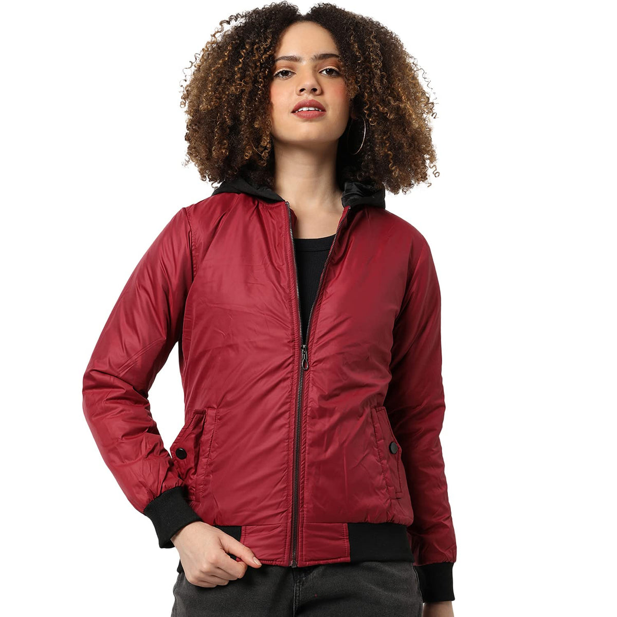 Campus Sutra Women Red Hooded Puffer Regular Fit Bomber Jacket For Winter Wear | Low-Cut Standing Collar | Full Sleeve | Zipper