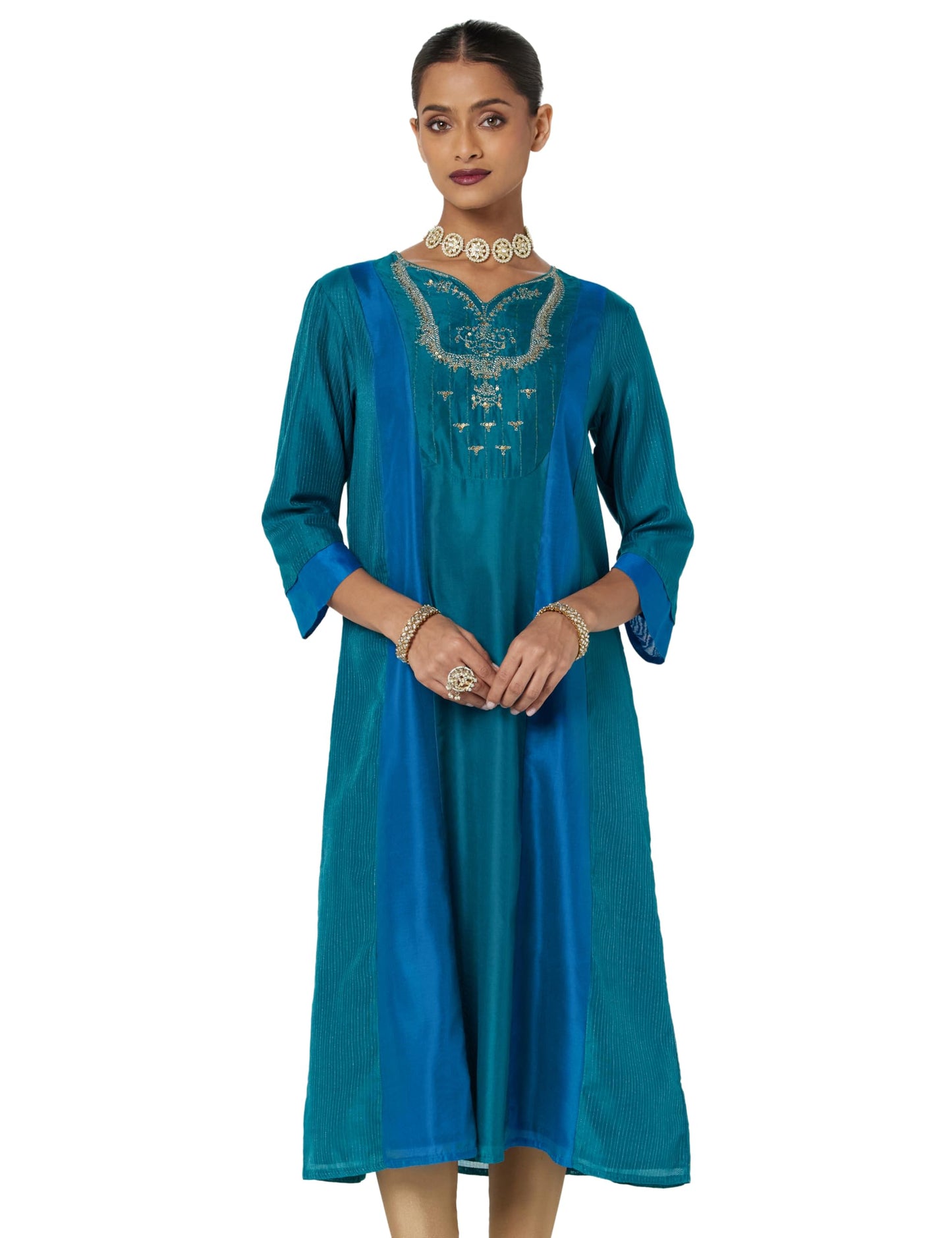 Fabindia Cotton Silk Zari Striped Long Kurta (Fuschia-L-10703073)