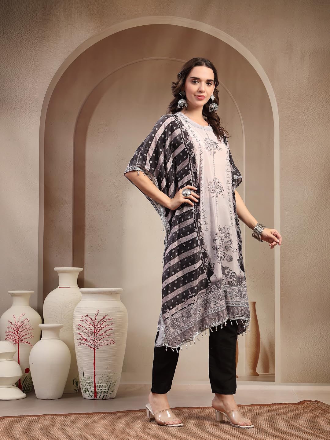 Stylum Womens Black Mirror Work Printed Silk Blend Kurti Pant Set