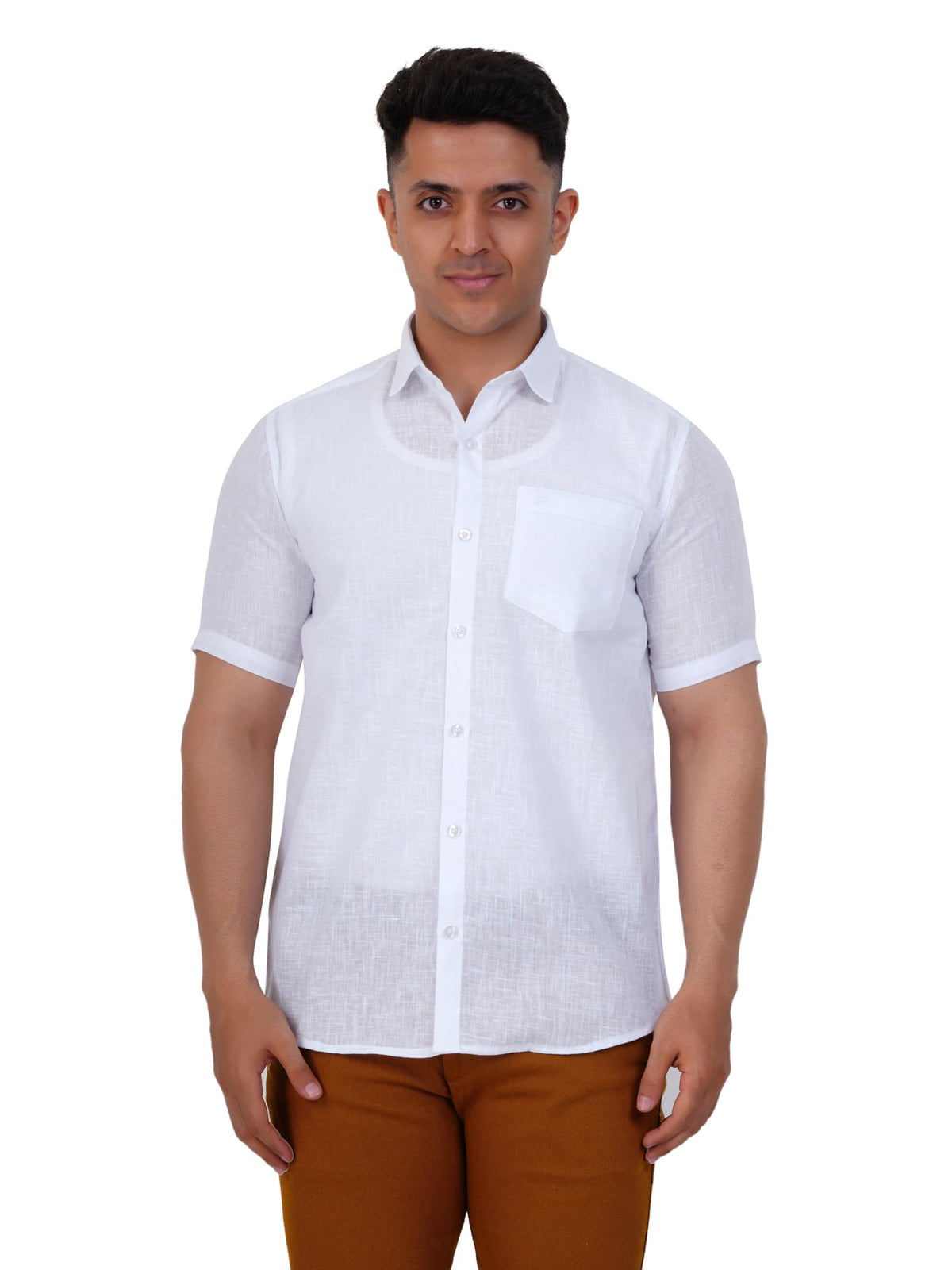 PRAKASAM COTTON Self Design Cotton Linen White Half Sleeve Shirt for Mens/Cotton Linen Regular Fit Shirt for Mens