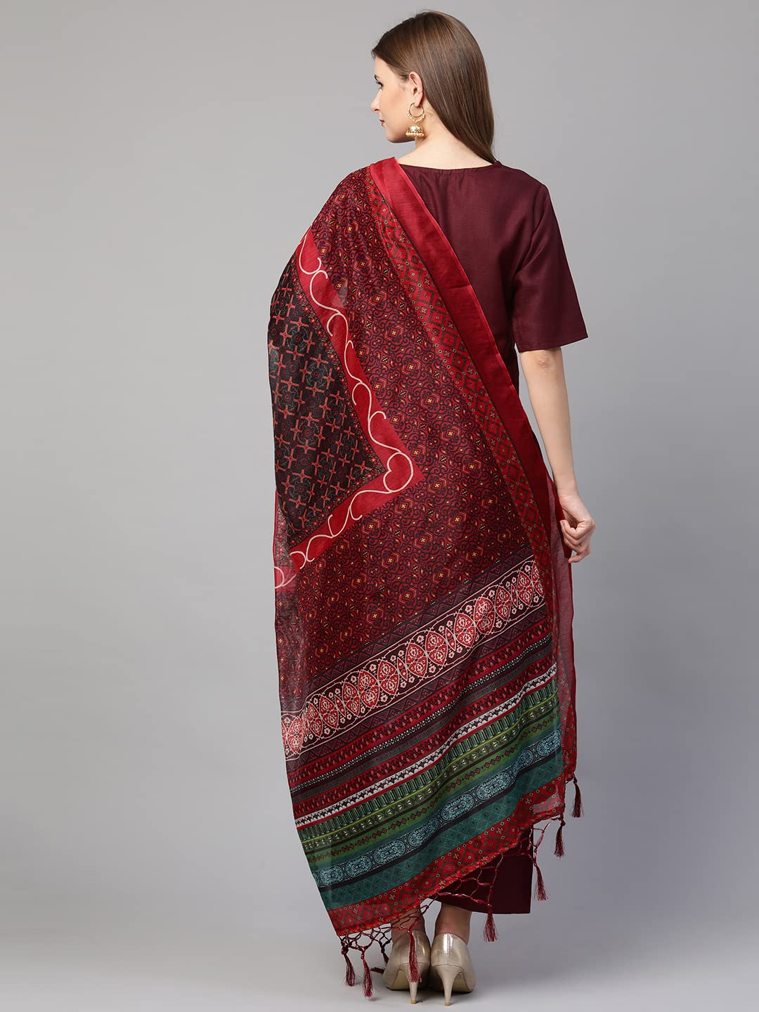 GoSriKi Women's Cotton Anarkali Kurta with Palazzo & Dupatta(KPZD-COT-10051-WINE-GO)