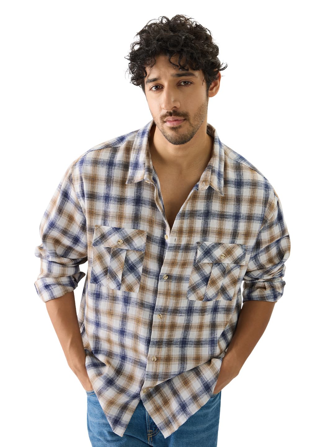 The Souled Store Plaid: Khaki Men and Boys Long Sleeve Collared Neck Button Front Regular Fit Cotton Utility Shirts