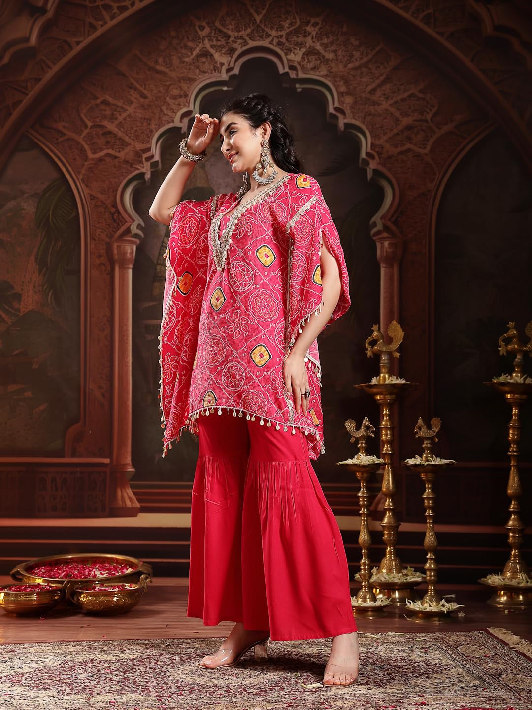 Stylum Womens Pink Bandhej Printed Crepe Kaftan Sharara Set