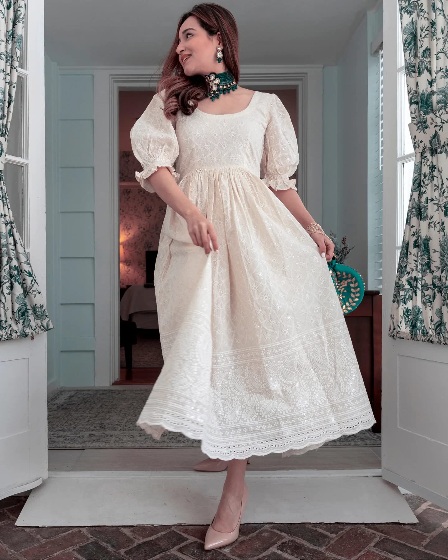 ANNI DESIGNER Women's Pure Cotton Chikankari Embroidered Anarkali Kurta (Shring)