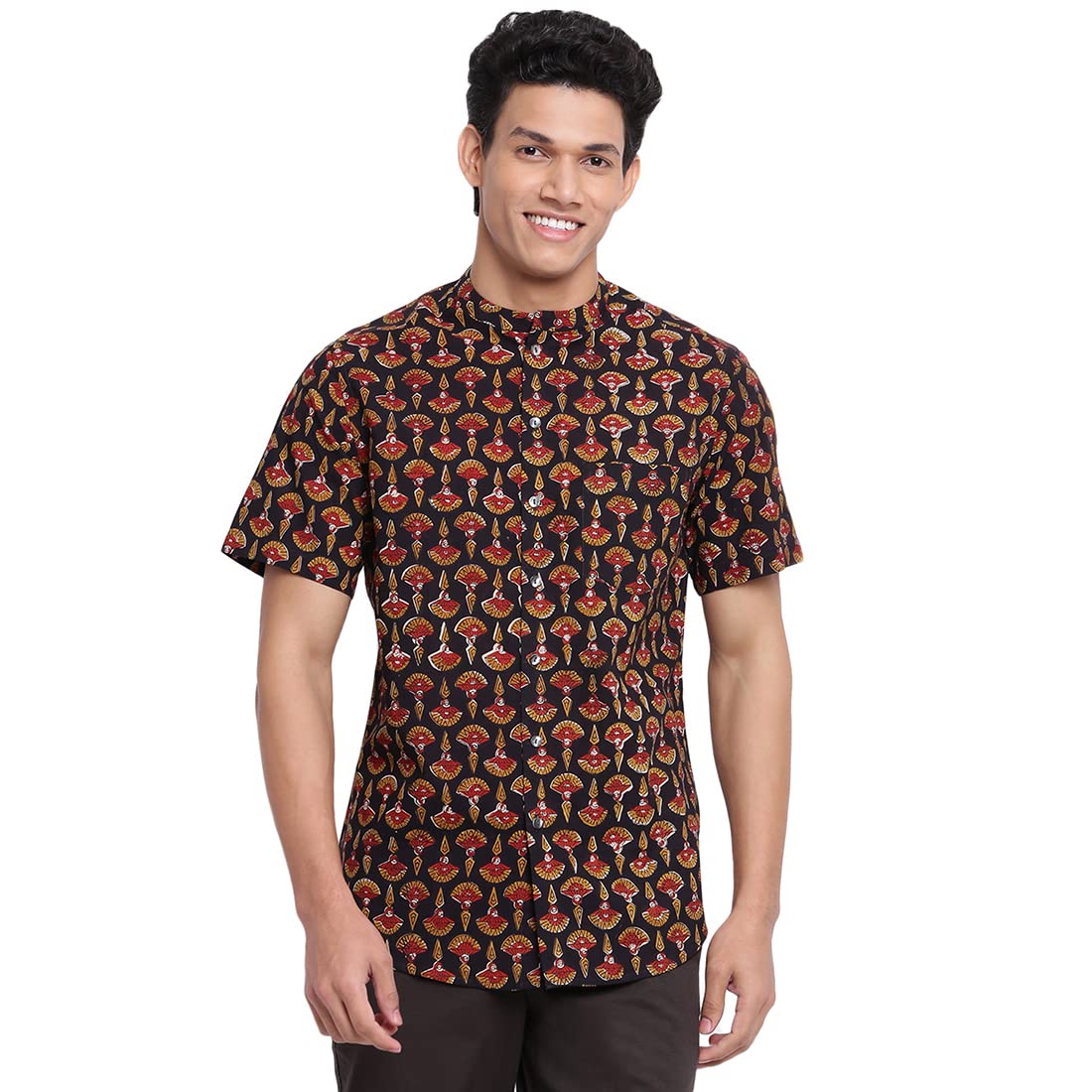 Fabindia Men Cotton Printed Slim Fit Shirt Black_XS