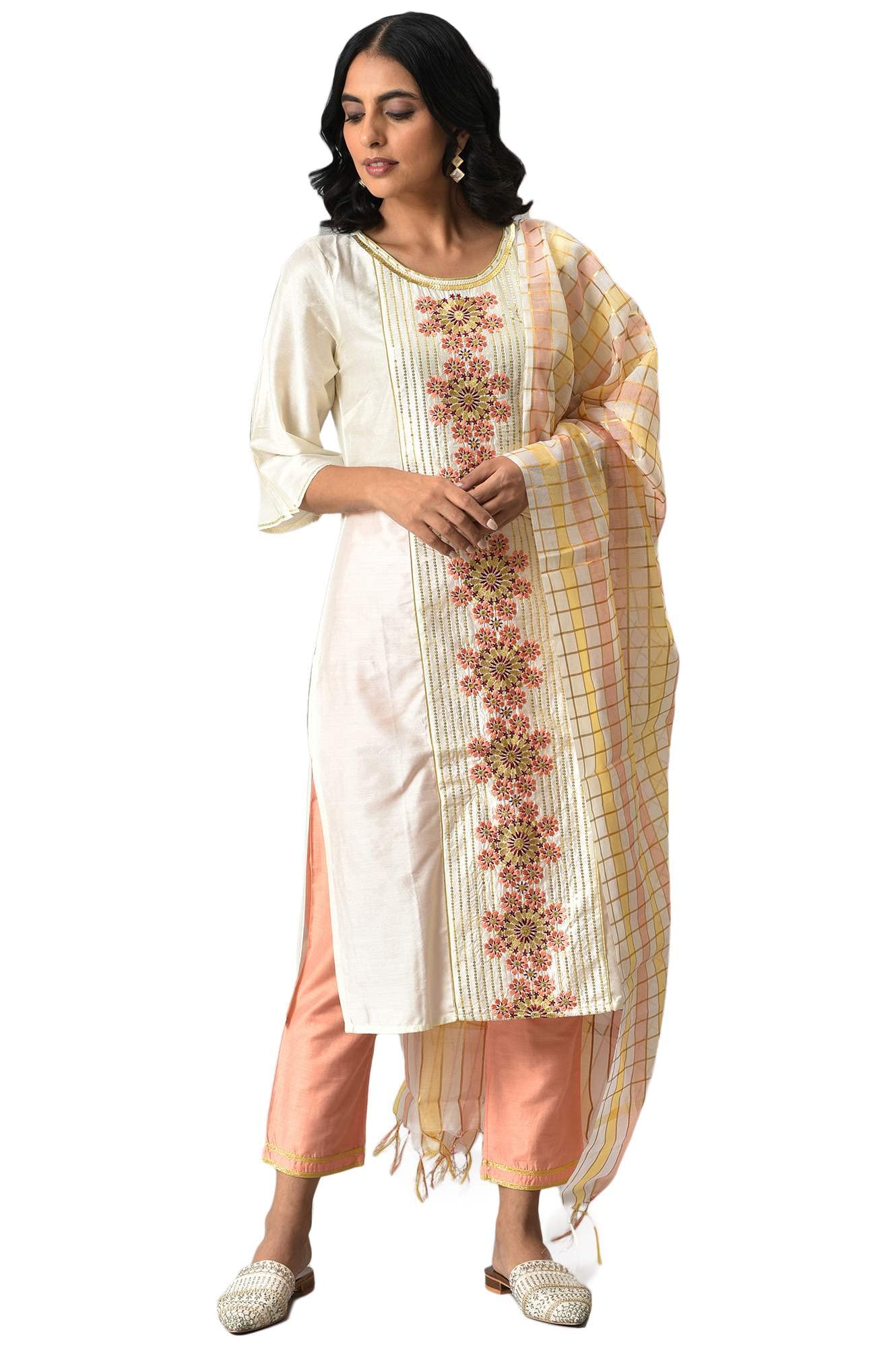 Aurelia WomenS Liva White Embroidered Kurta With Peach Trousers And Banaras Dupatta_22Aud10453-703075_S