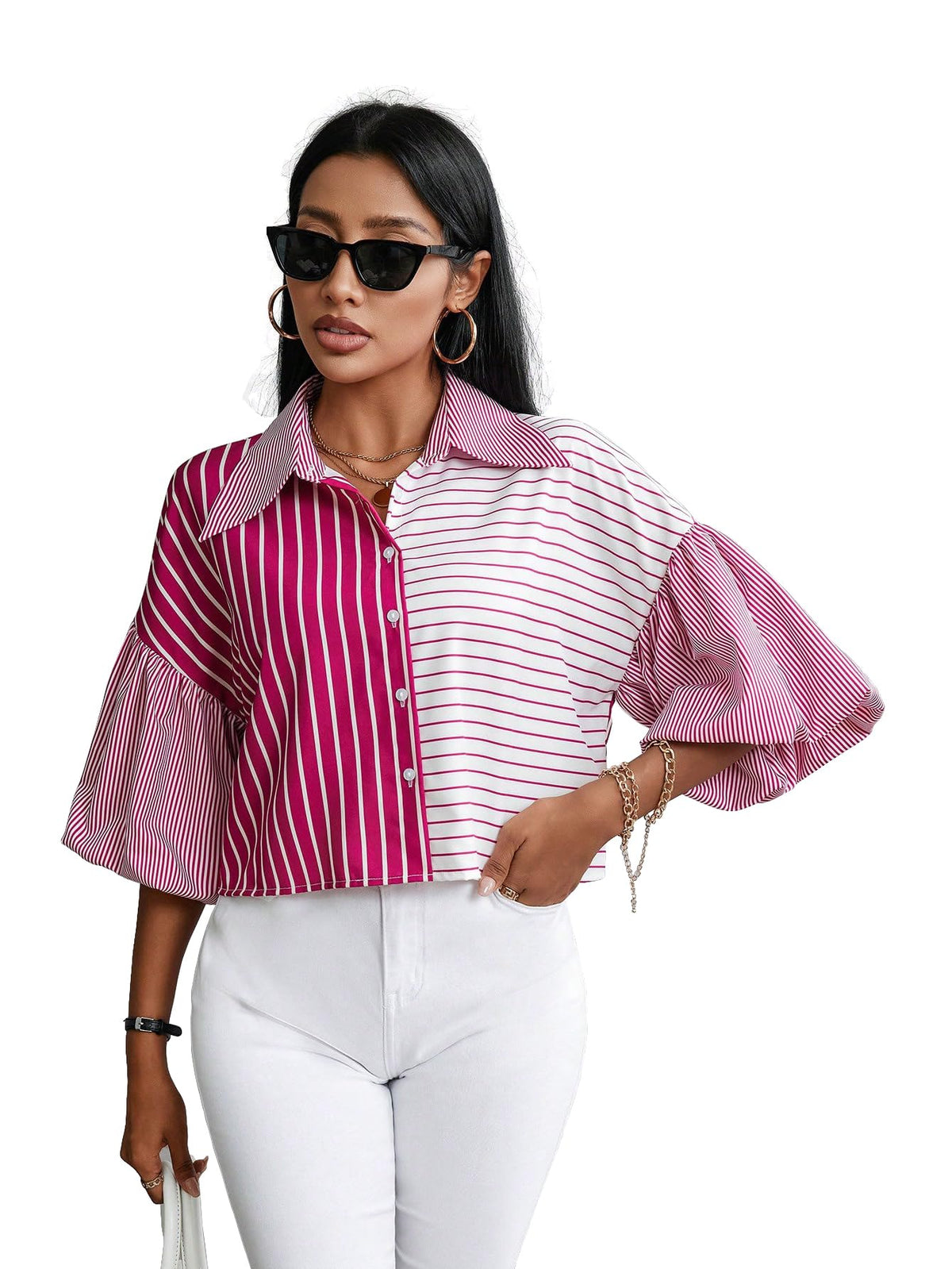 Shasmi Womens Random Striped Print Button Up Casual Shirt with Lapel Collar, Womens Fashion Striped Design Versatile Short Bat