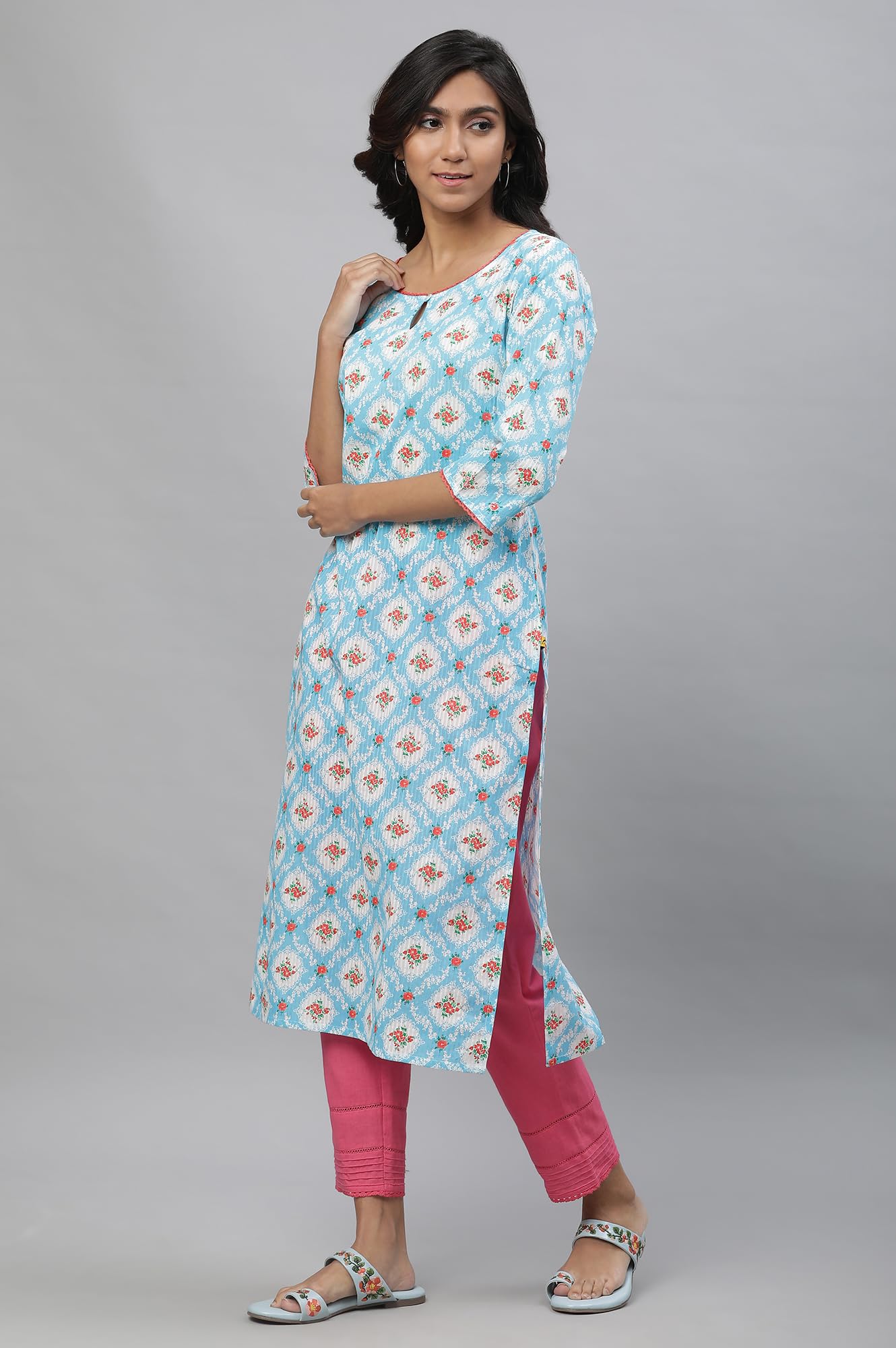 Aurelia Womens Blue Geometric Printed Printed Lace Cotton Straight Long Kurta