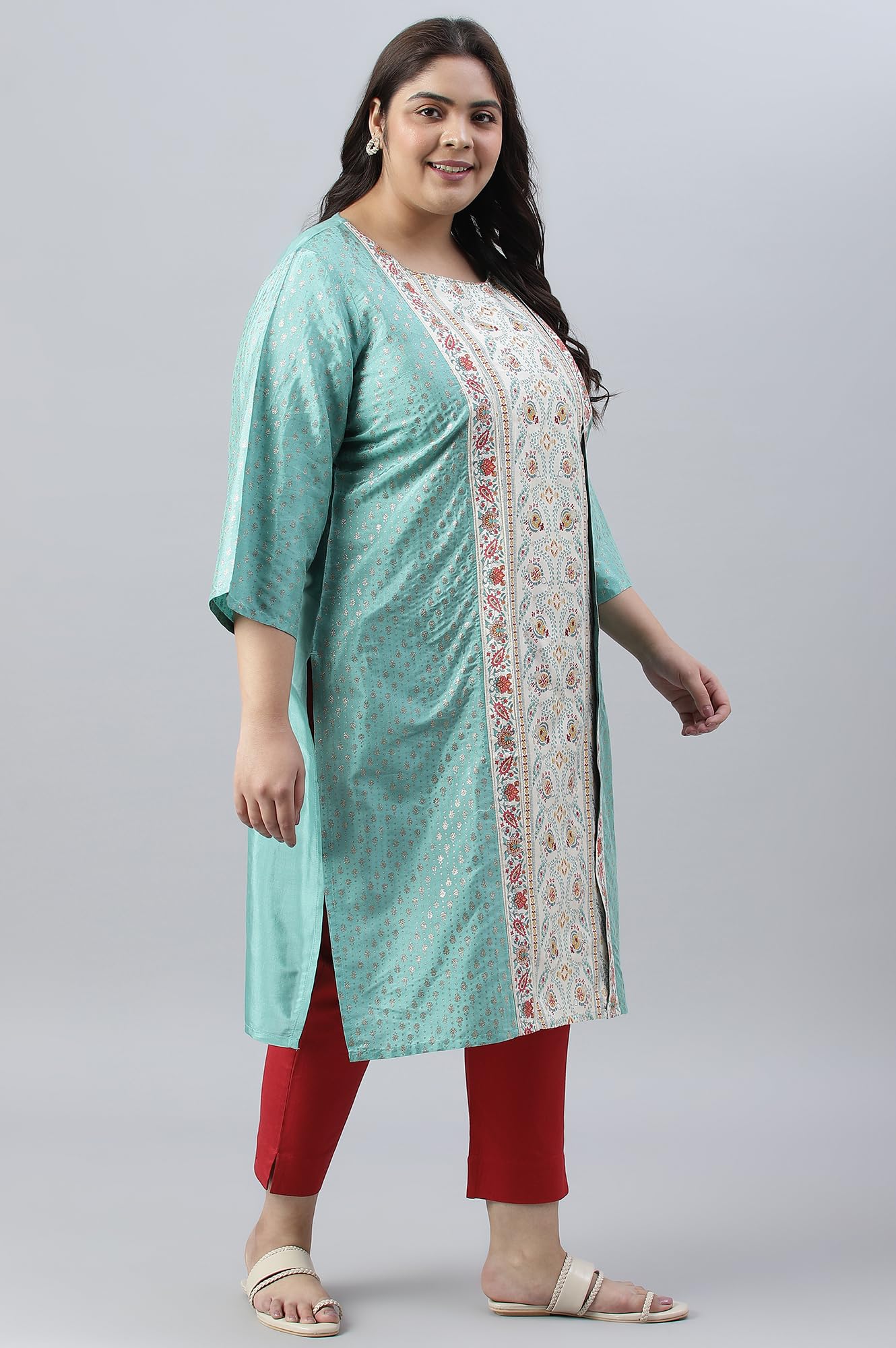 W for Woman Green and Ecru Mock Layered Printed Plus Size Kurta