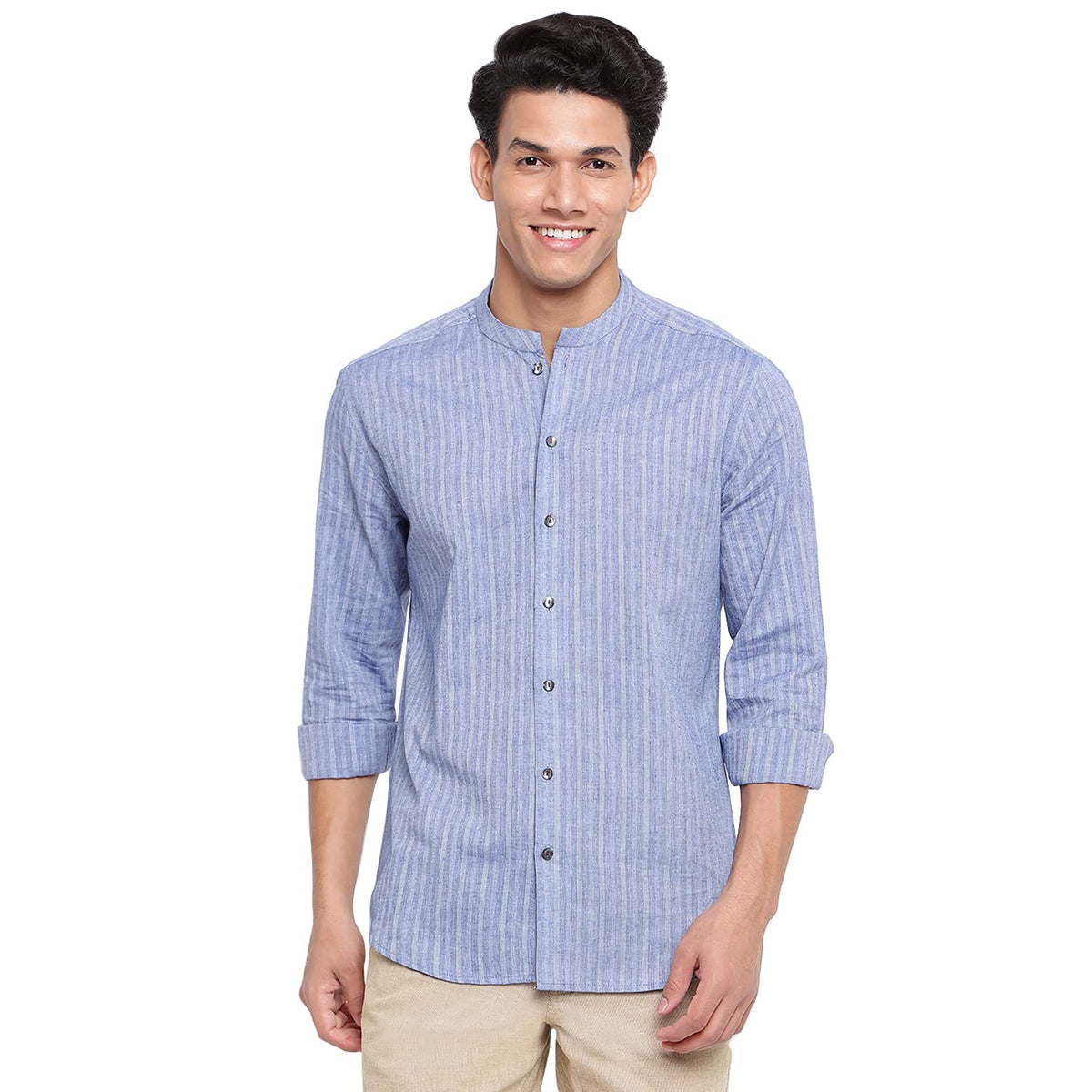 Fabindia Men Chinese Collar Casual Shirt Cotton_Xs Blue