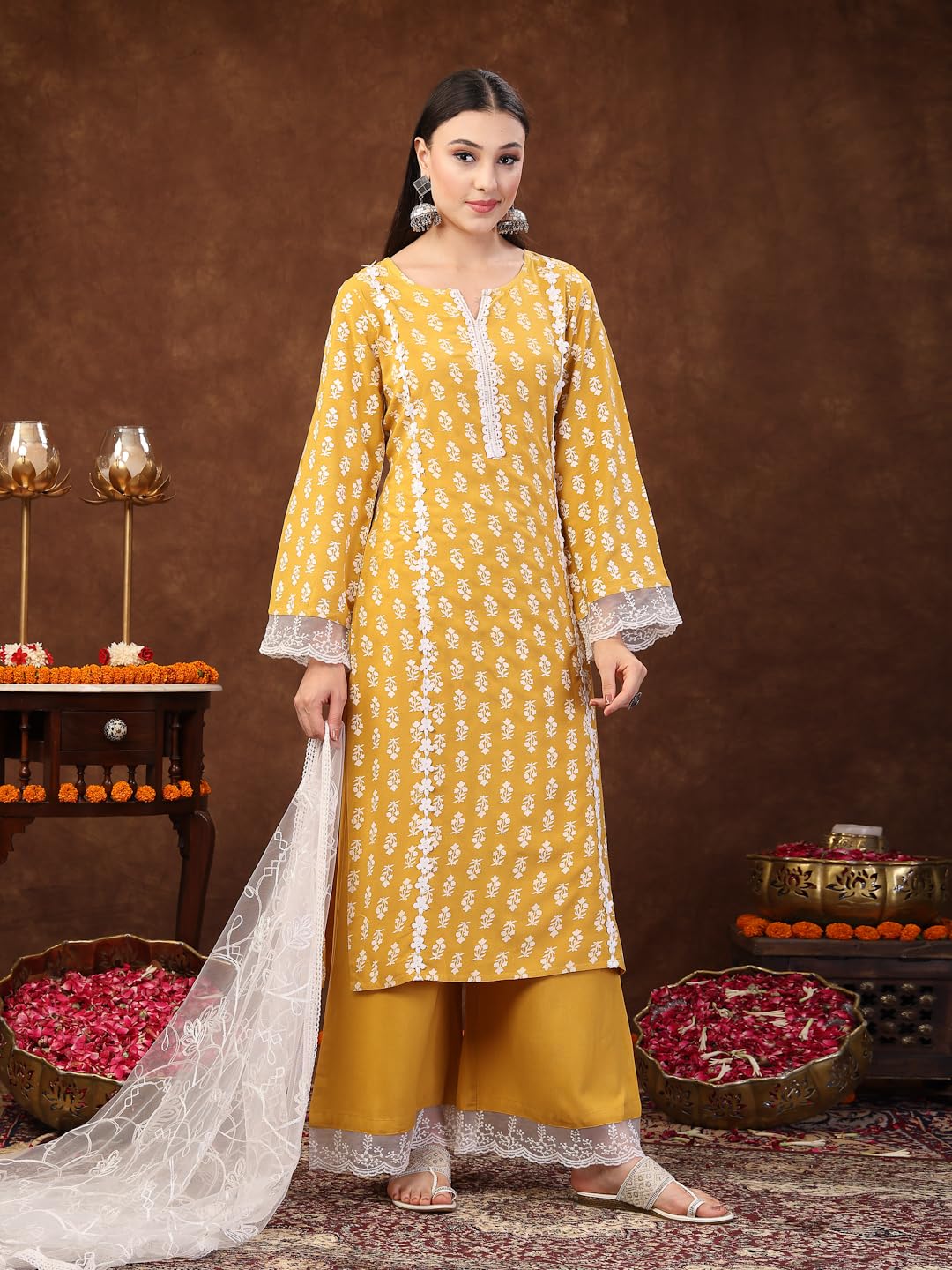 Stylum Womens Floral Printed Rayon Straight Kurta Palazzo Dupatta Set