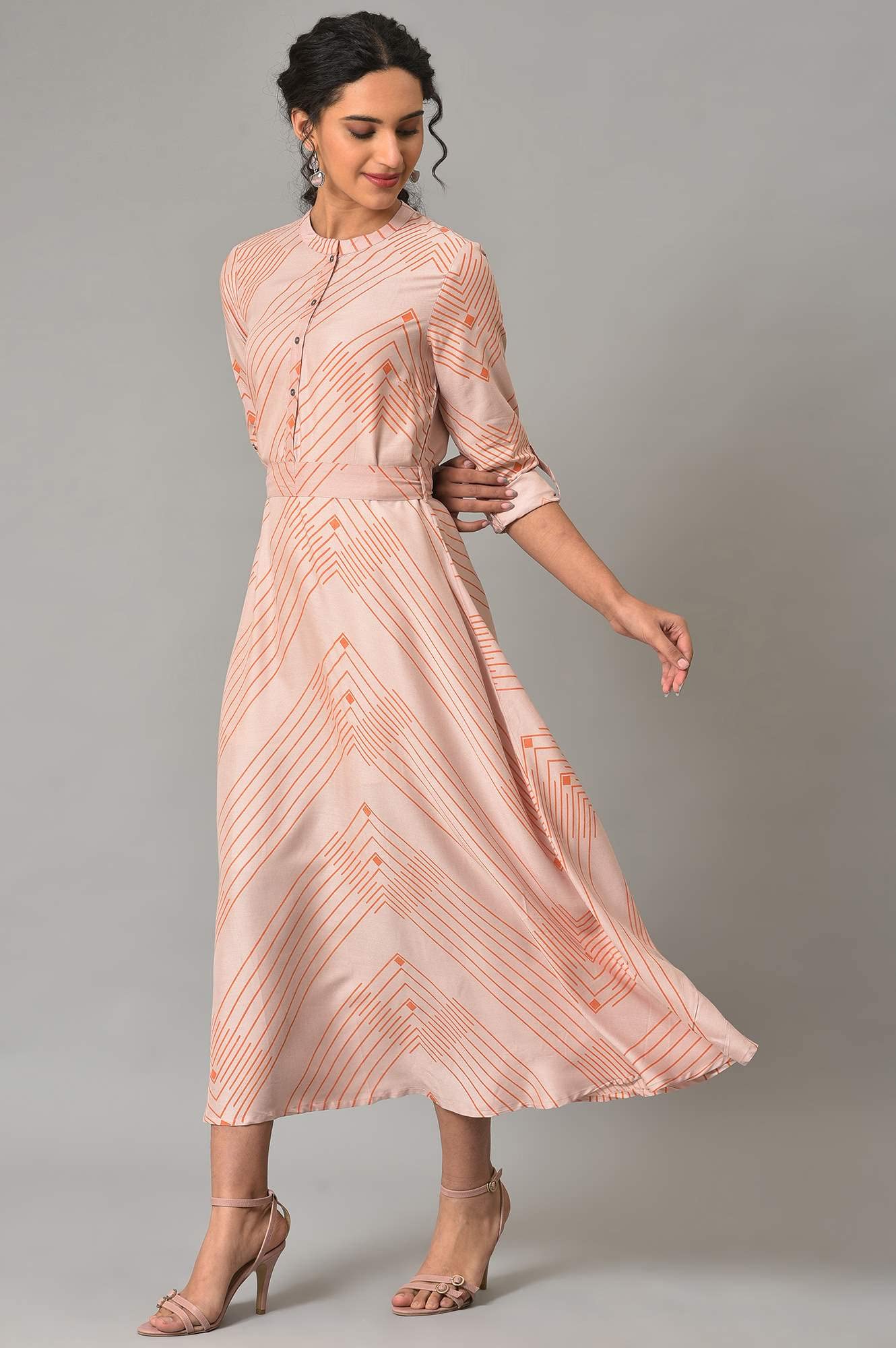 W Light Pink Geometric Printed Maxi Dress For Women