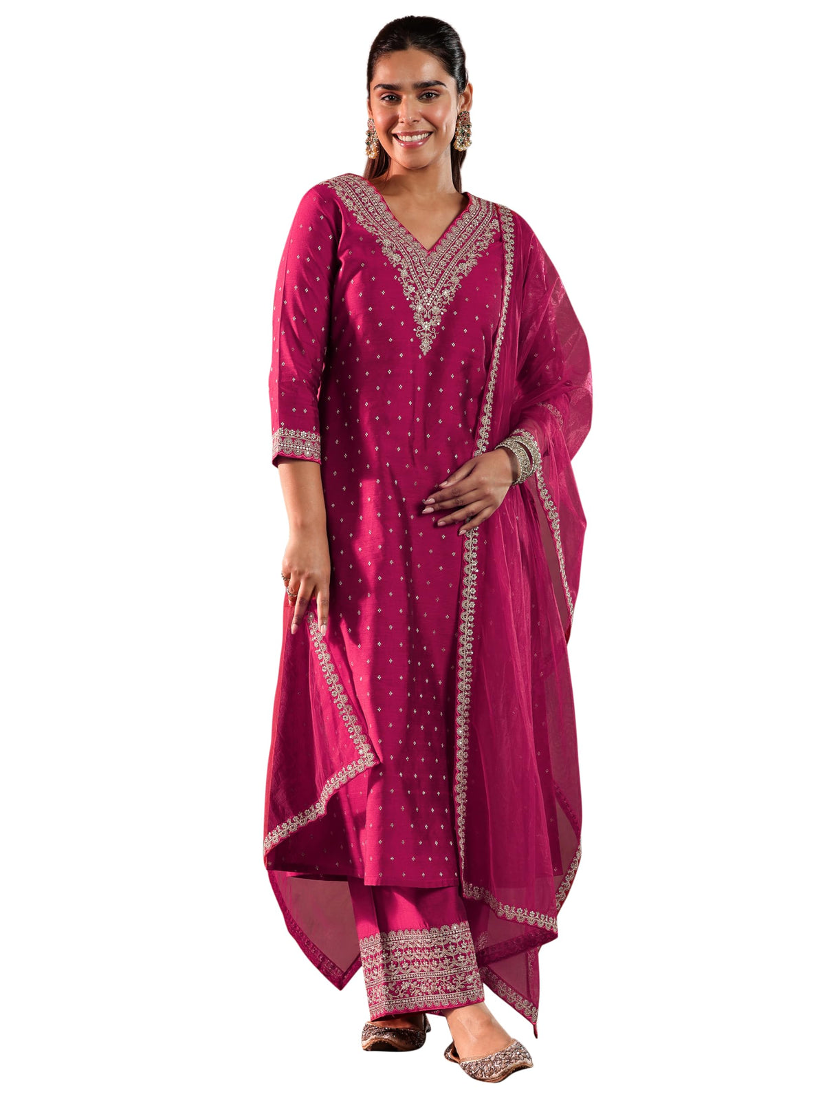 Libas Womens Woven Design Silk Blend A-Line Kurta With Trousers And Dupatta
