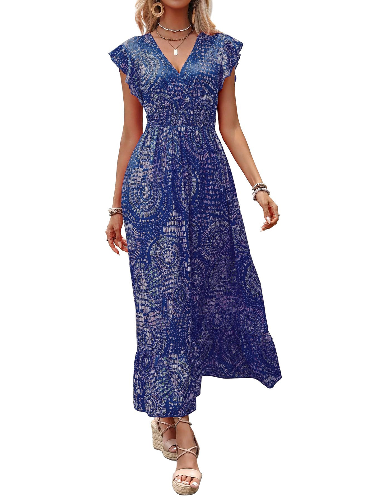 Shasmi Womens & Girls Boho Royal Blue V-Neck Printed Dress with Ruffled Hem and Belted Waist for Vacation, One Piece Maxi for
