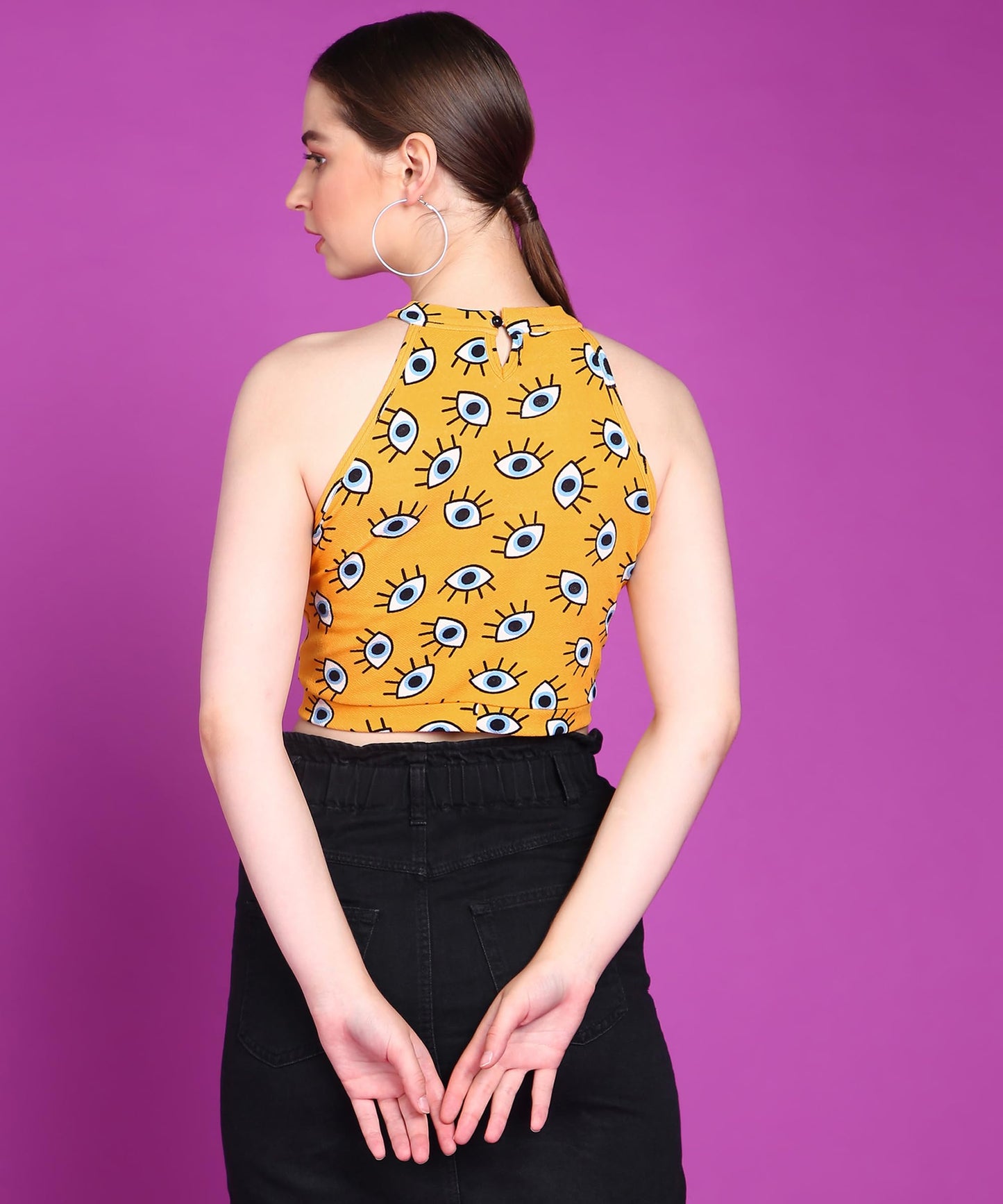 POPWINGS Women Casual Yellow Eye Printed Sleeveless Halter Neck String Knot Crop Top