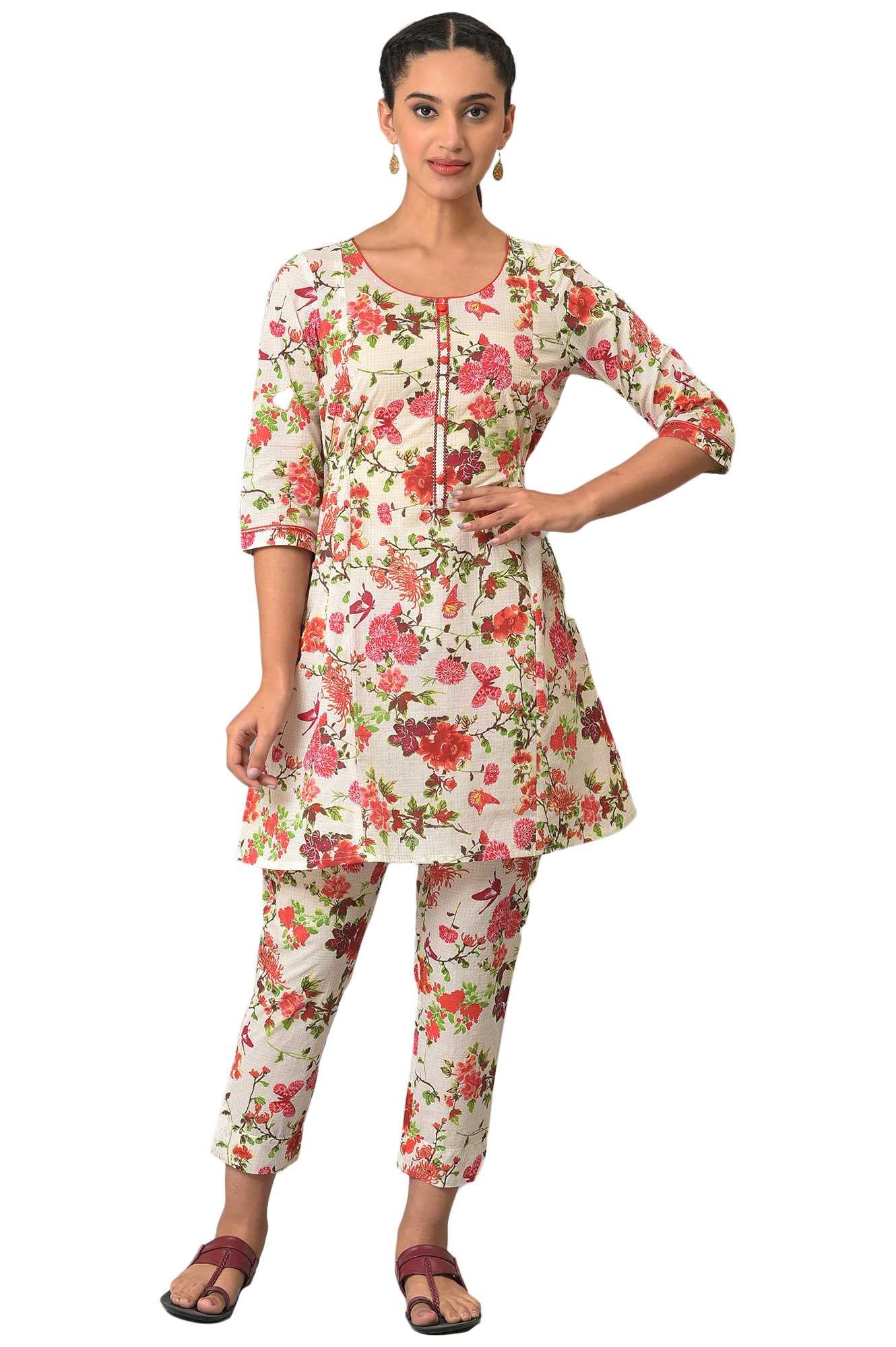 Aurelia Woman Rayon Floral Printed A-line White Kurta Cord Set | Kurta and Pants Set for Women | White Floral Printed Causal Kurta Set