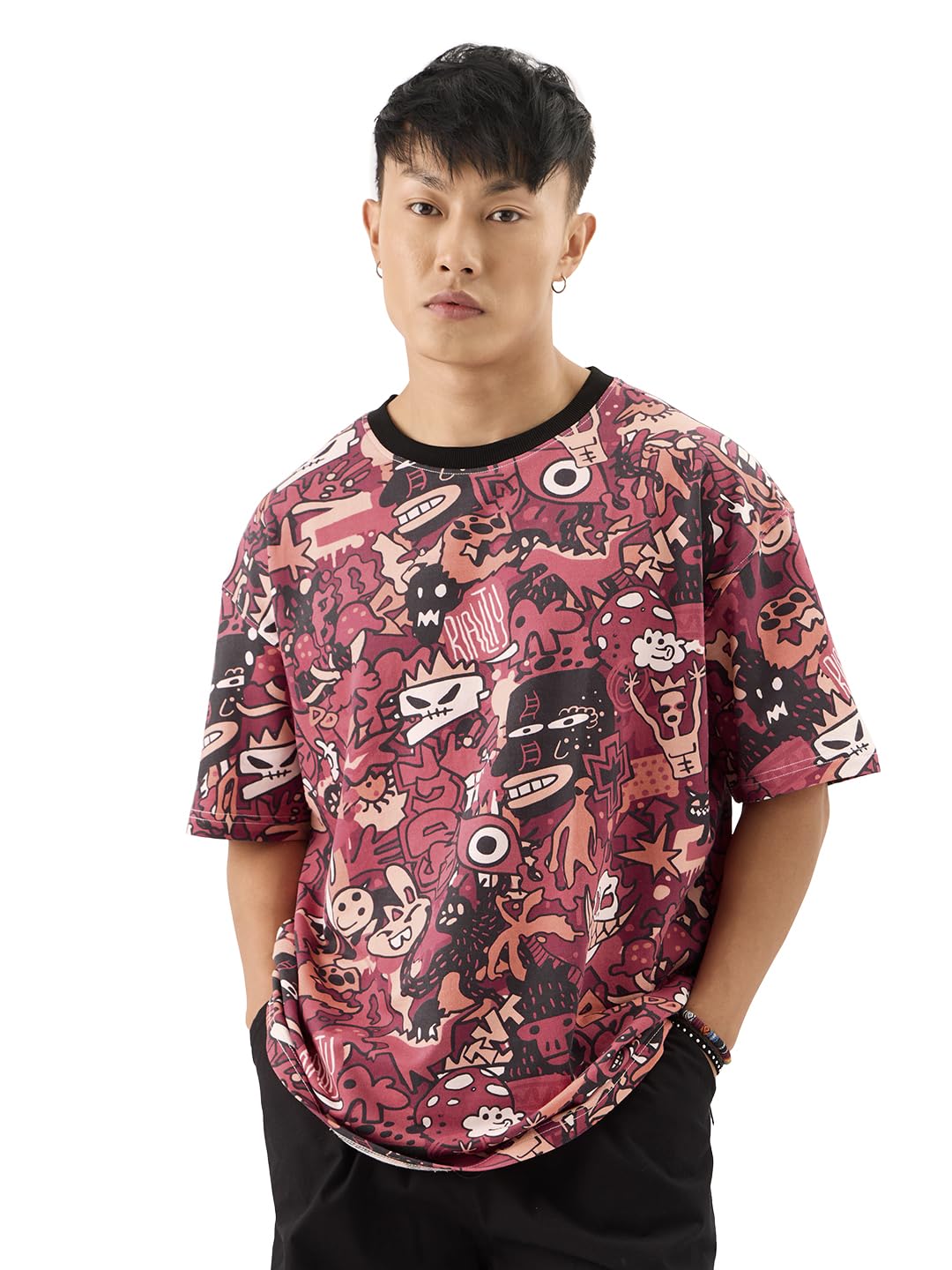 The Souled Store Scribbles Men and Boys Short Sleeves Round Neck Pink All Over Printed Cotton Oversized T-Shirts