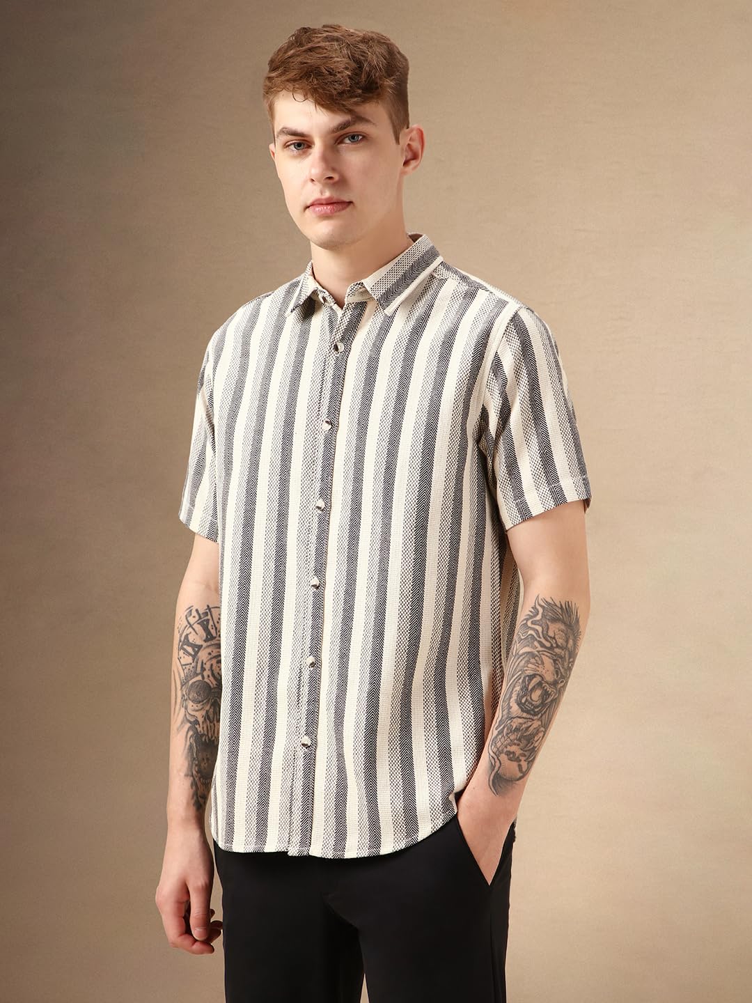 Dennis Lingo Men Cream Cotton Poly Waffle Half Sleeve Spread Collar Stripes Shirts