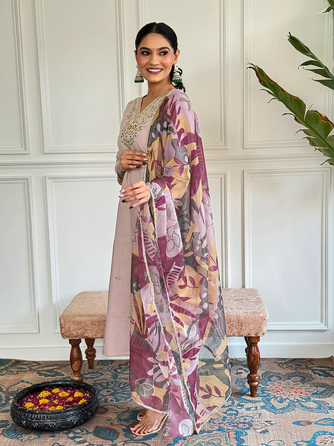 Naixa WomenS Beige Chanderi With Cotton Lining Embroidered Straight Kurta With Chanderi Pant And Taby Printed Dupatta Sets (Nx-