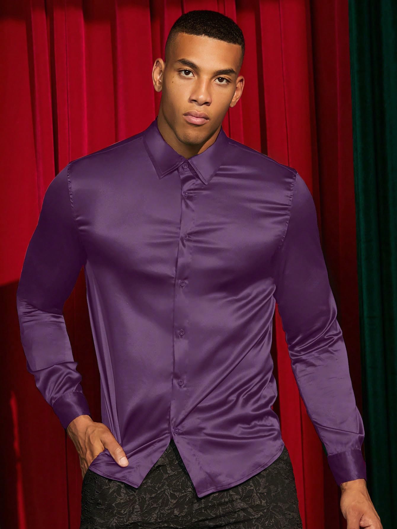 AVANOVA Mens Stylish Magenta Solid Satin Silk Casual Button Down Shirts Long Sleeve Shirt for Men Full Sleeves (Shirt 193 Magen