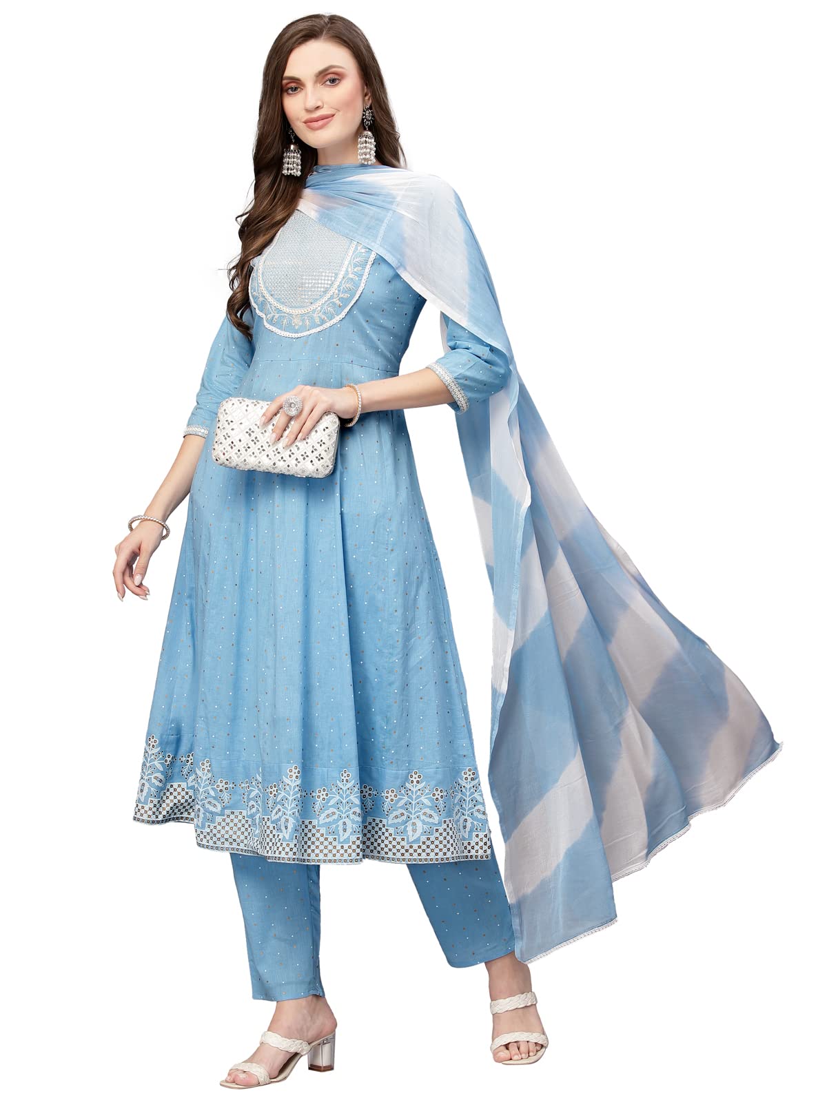 Stylum Womens Printed & Embroidered Cotton Anarkali Kurta Pant Dupatta Set