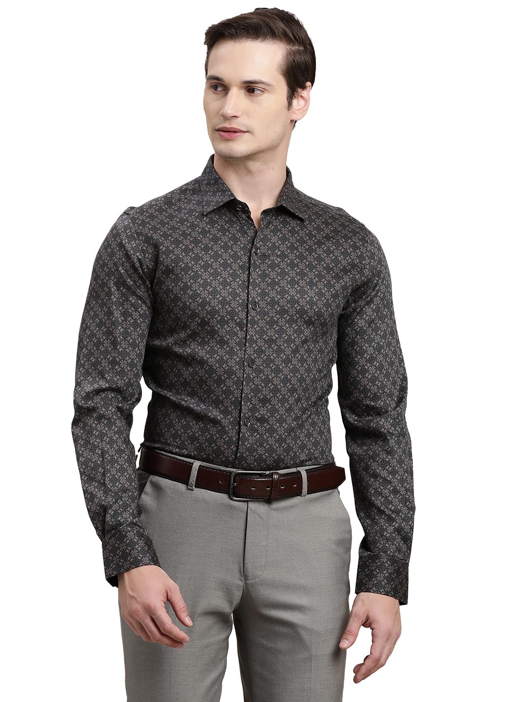 Turtle Men Cotton Tencel Slim Fit Dark Grey Printed Full Sleeve Party Shirt