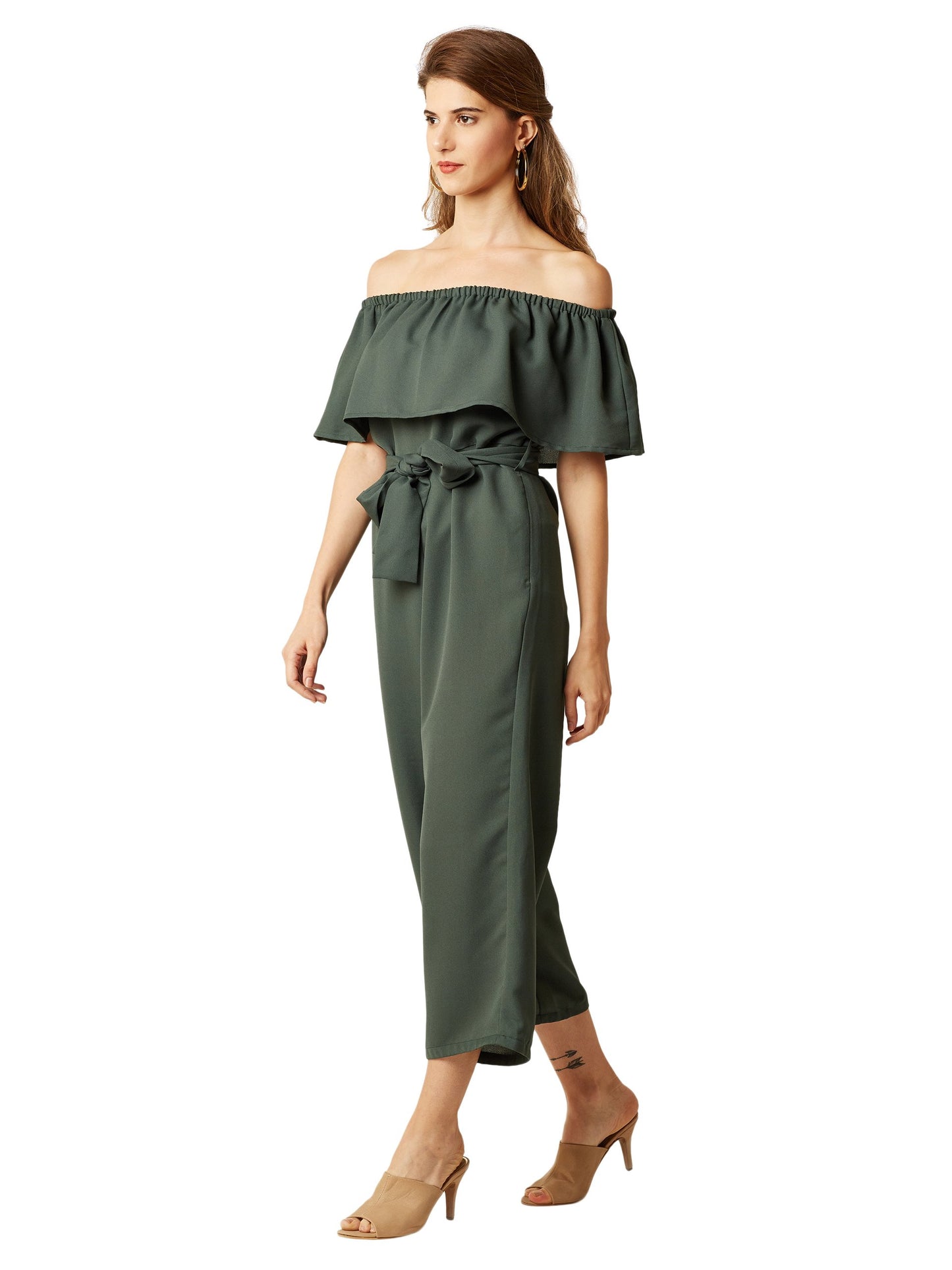 Miss Chase WomenS Green Off-Shoulder Tie-Up Midi Jumpsuit